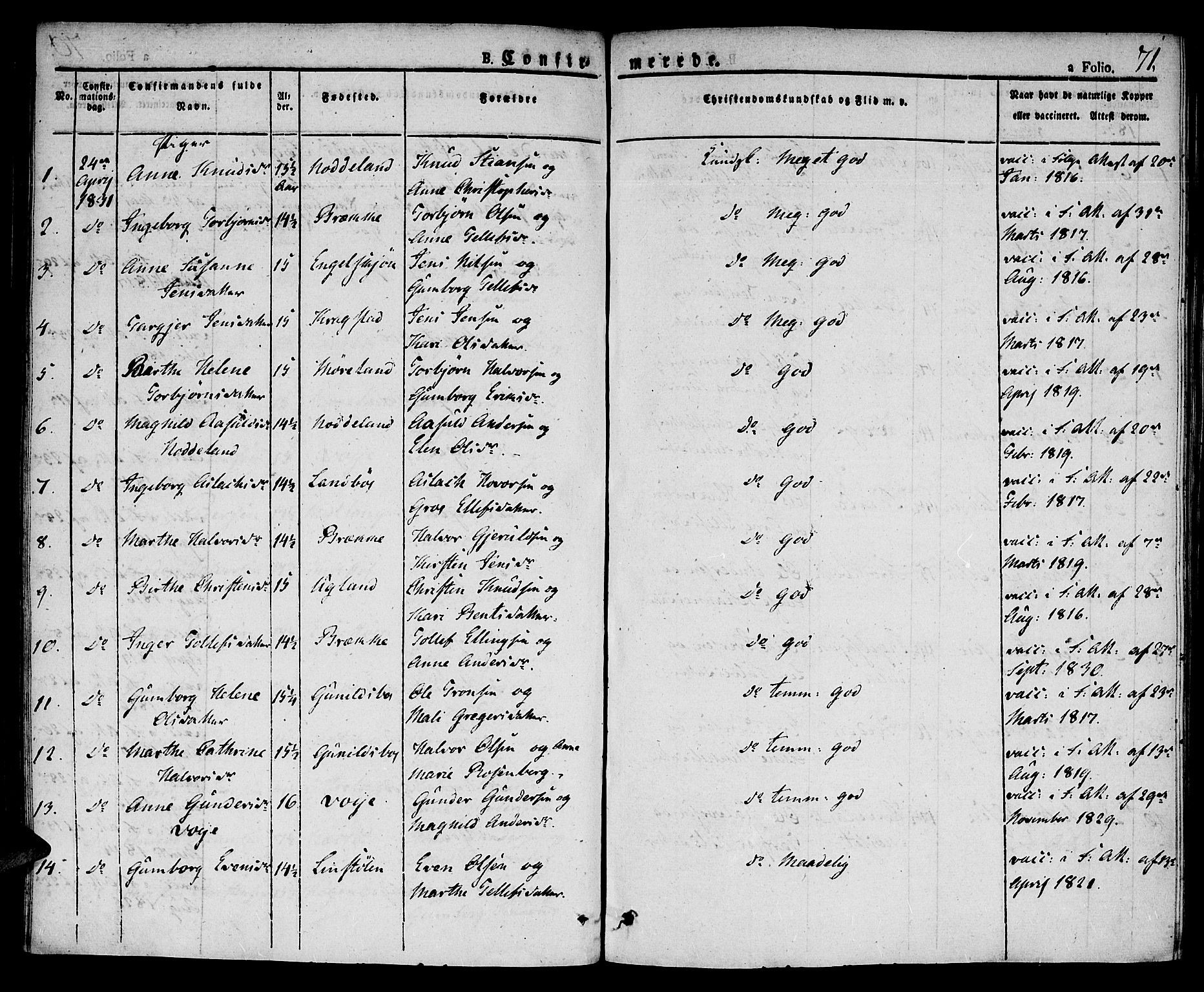 Austre Moland sokneprestkontor, AV/SAK-1111-0001/F/Fa/Faa/L0005: Parish register (official) no. A 5, 1825-1837, p. 71