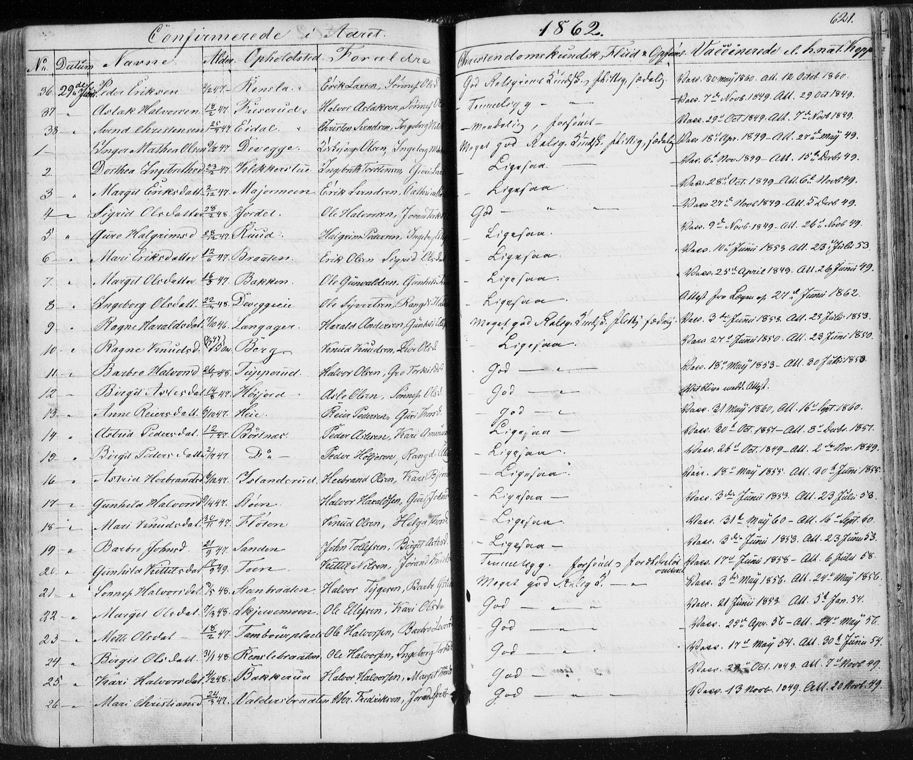 Nes kirkebøker, SAKO/A-236/F/Fa/L0009: Parish register (official) no. 9, 1834-1863, p. 621