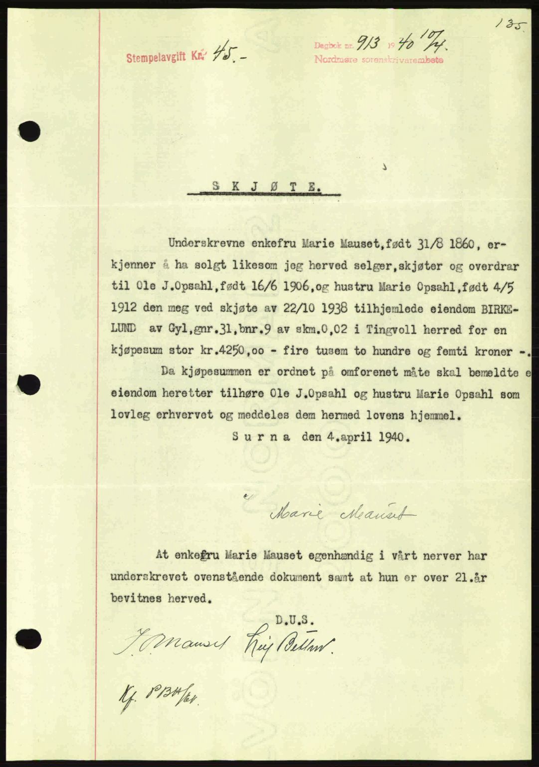 Nordmøre sorenskriveri, AV/SAT-A-4132/1/2/2Ca: Mortgage book no. A88, 1940-1940, Diary no: : 913/1940