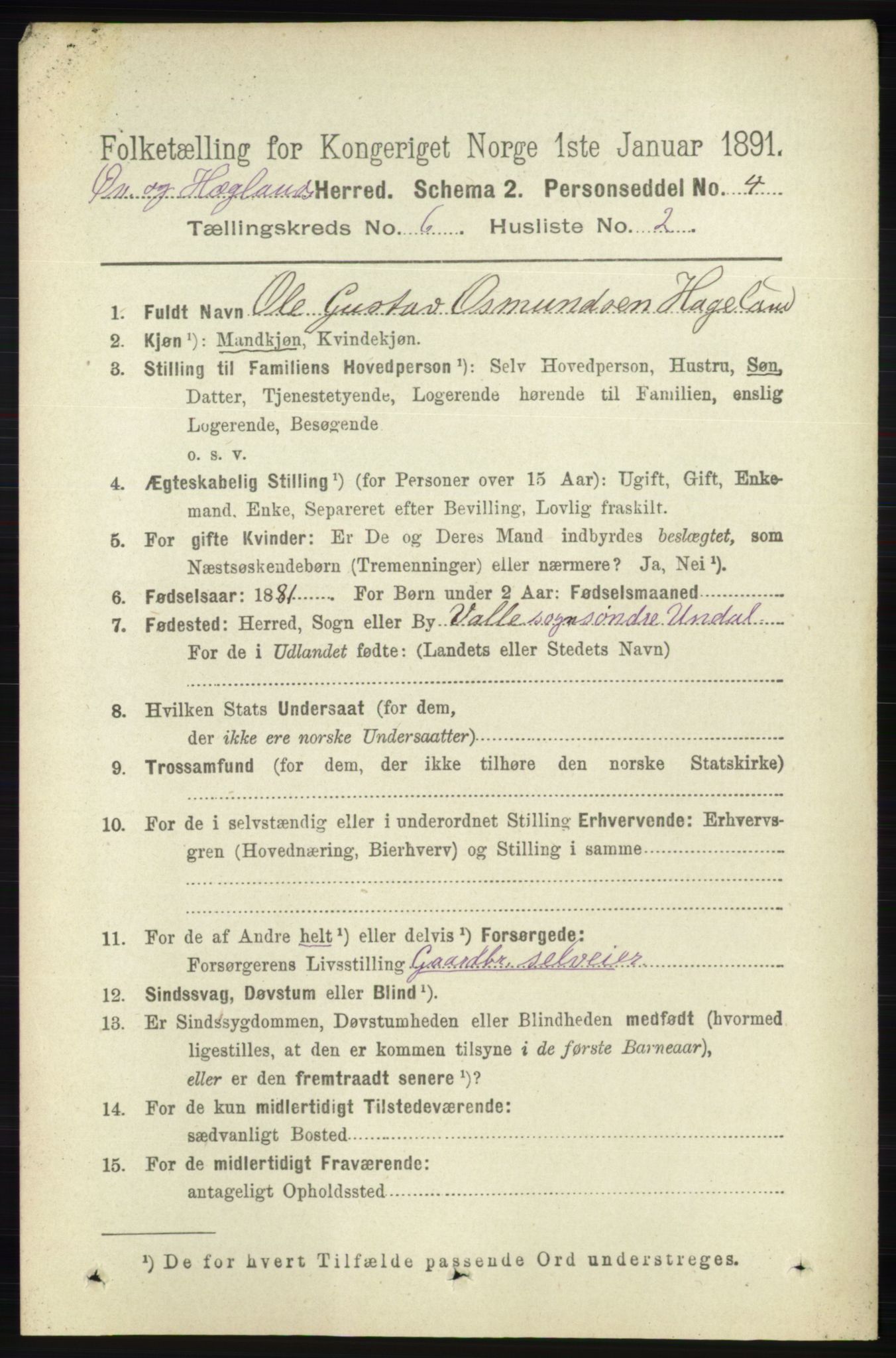 RA, 1891 census for 1016 Øvrebø og Hægeland, 1891, p. 1175