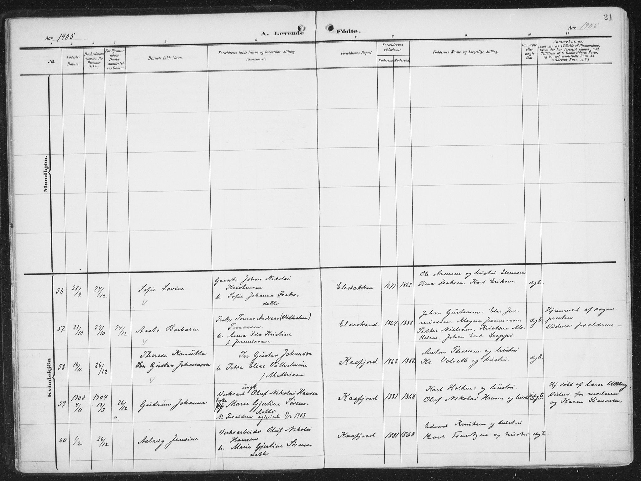 Alta sokneprestkontor, AV/SATØ-S-1338/H/Ha/L0005.kirke: Parish register (official) no. 5, 1904-1918, p. 21