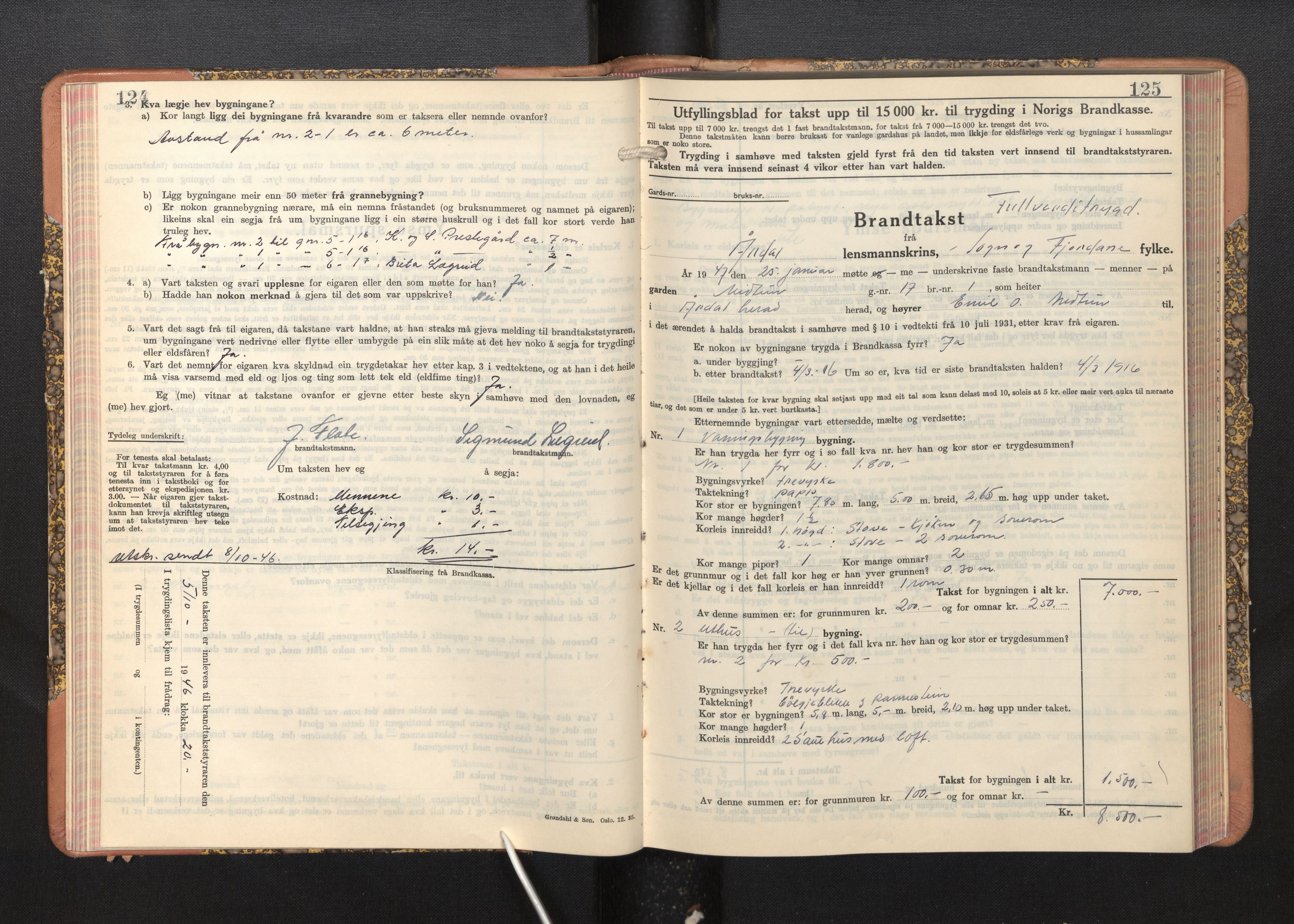 Lensmannen i Årdal, AV/SAB-A-30501/0012/L0011: Branntakstprotokoll, skjematakst, 1939-1948, p. 124-125