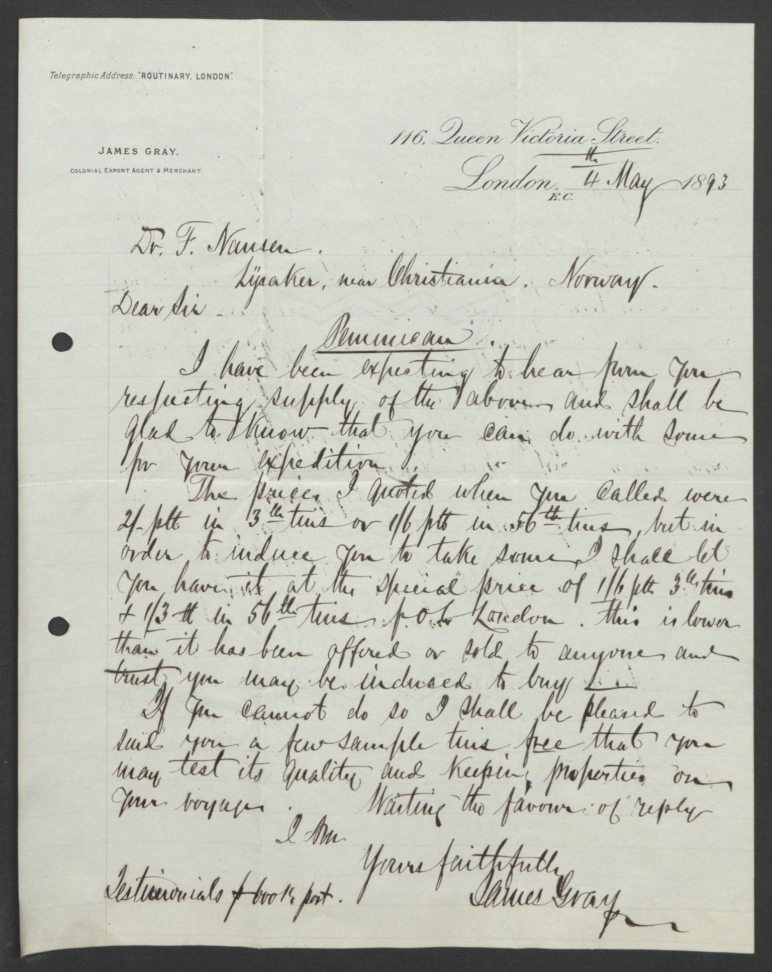 Arbeidskomitéen for Fridtjof Nansens polarekspedisjon, AV/RA-PA-0061/D/L0004: Innk. brev og telegrammer vedr. proviant og utrustning, 1892-1893, p. 655