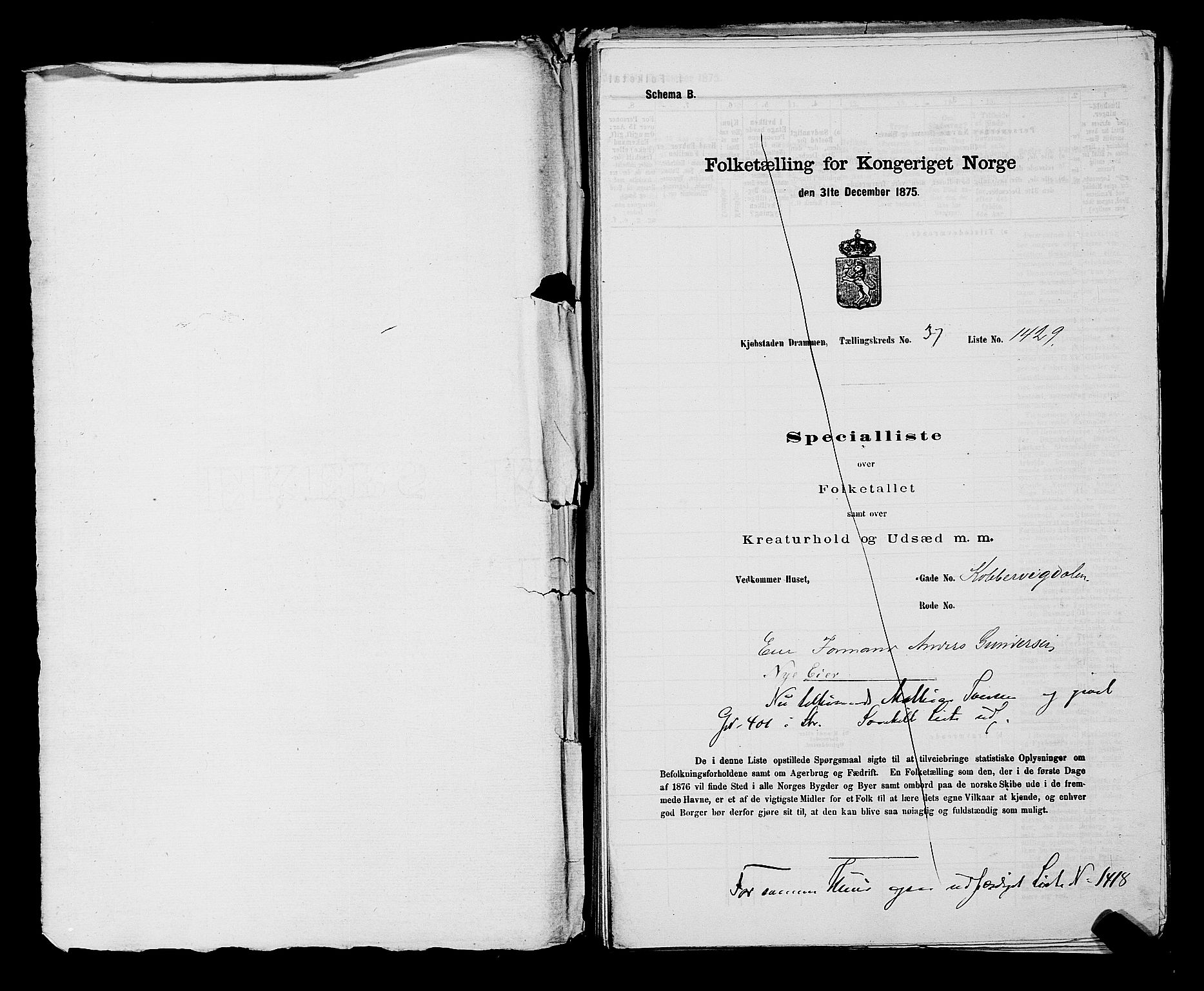 SAKO, 1875 census for 0602 Drammen, 1875, p. 3125