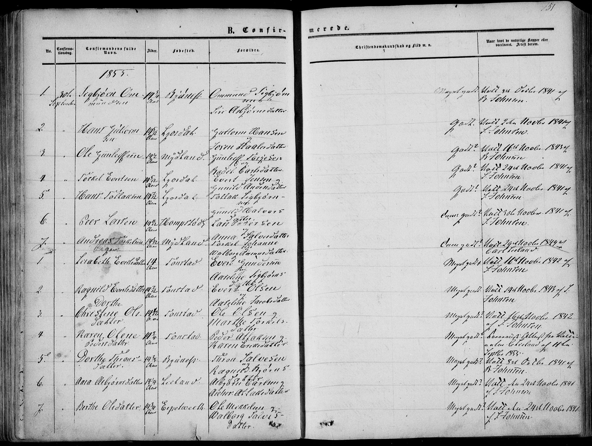 Sirdal sokneprestkontor, SAK/1111-0036/F/Fa/Fab/L0002: Parish register (official) no. A 2, 1855-1874, p. 151