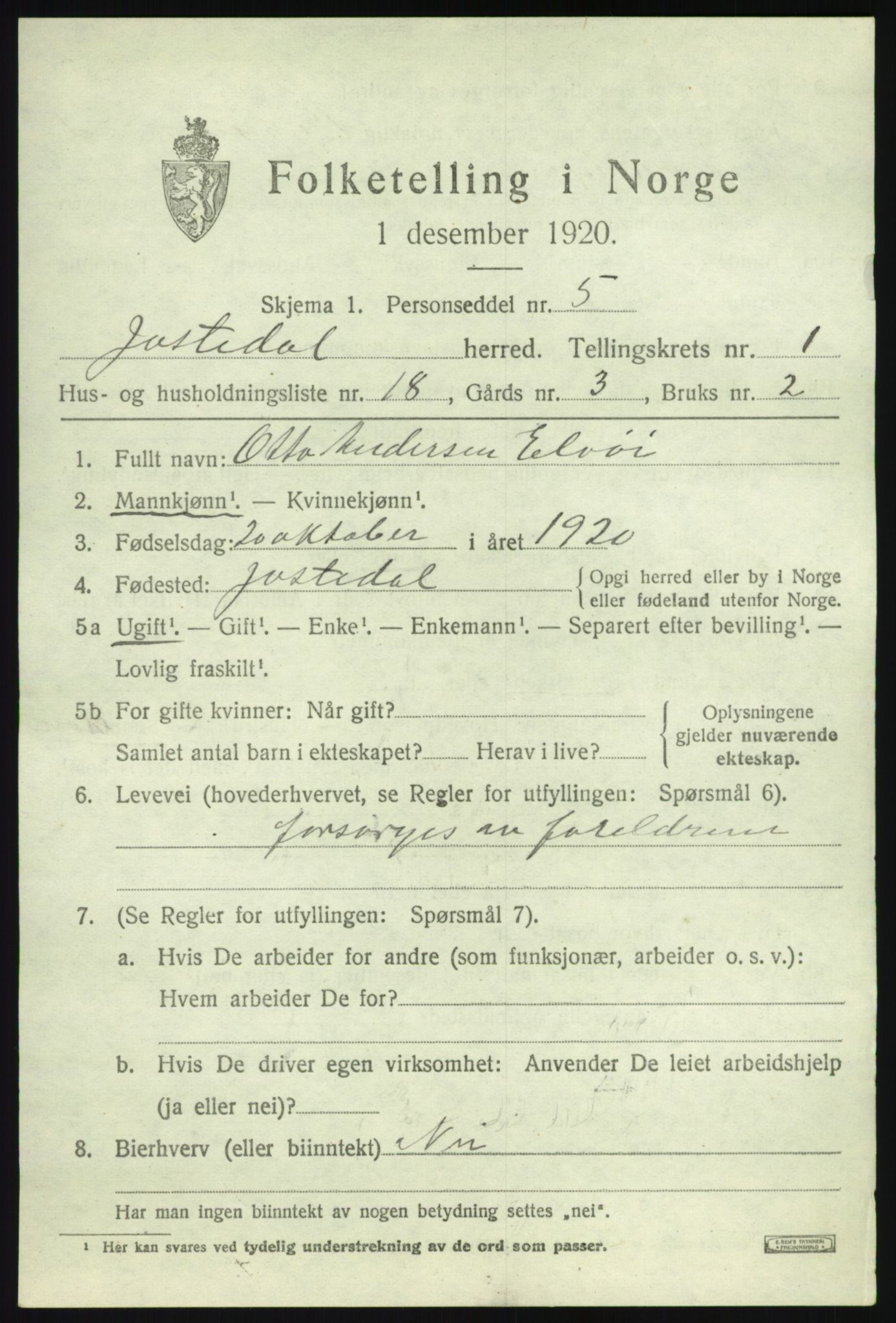 SAB, 1920 census for Jostedal, 1920, p. 566