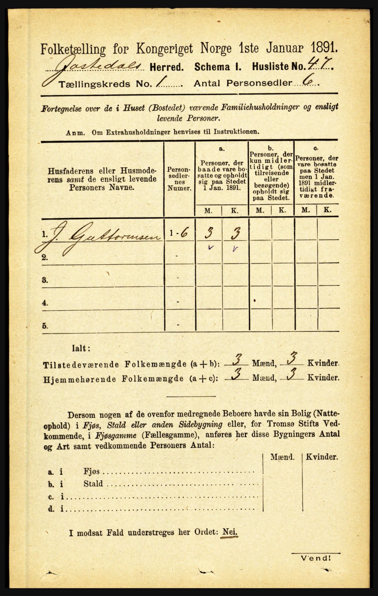 RA, 1891 census for 1427 Jostedal, 1891, p. 60