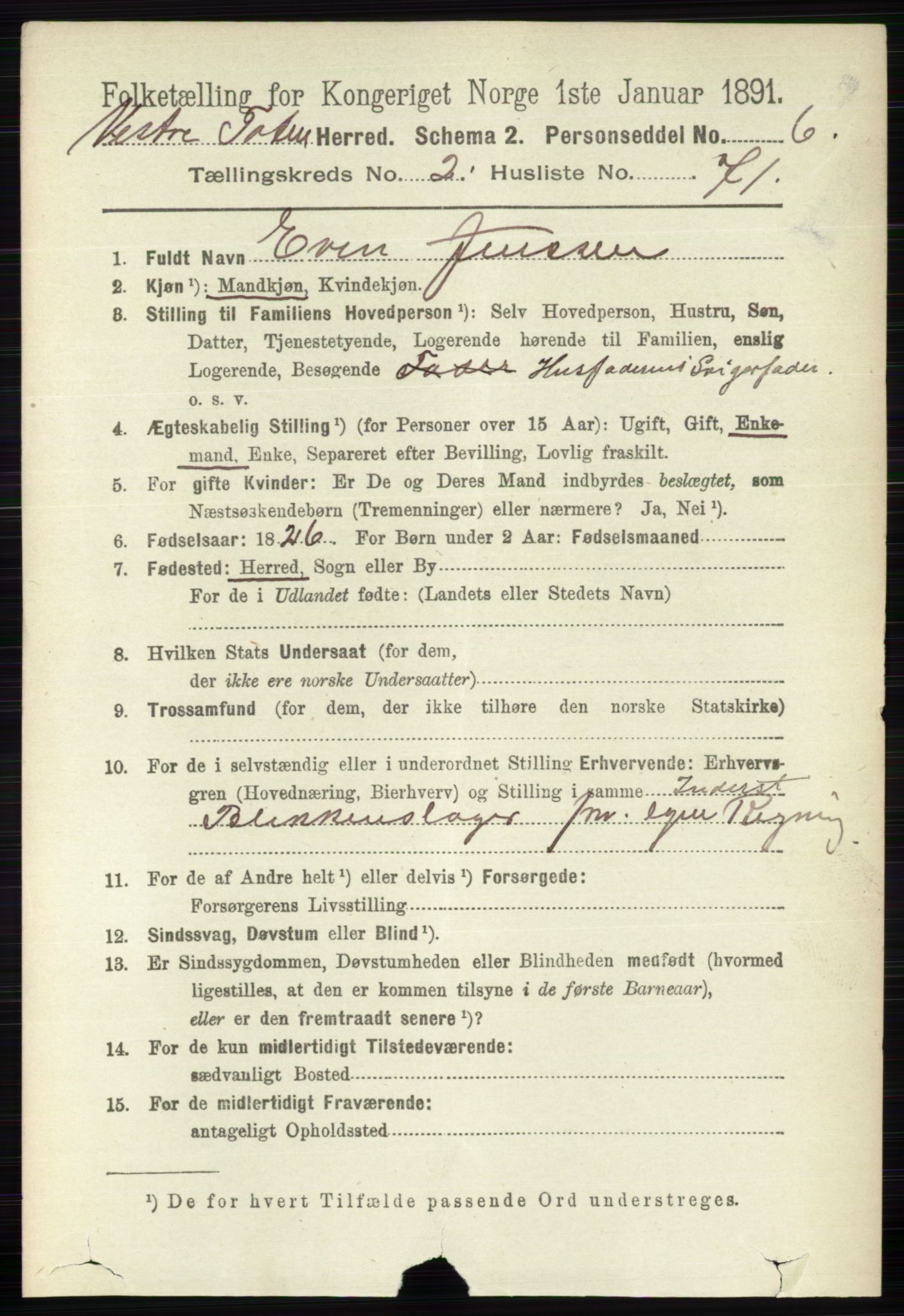 RA, 1891 census for 0529 Vestre Toten, 1891, p. 1860