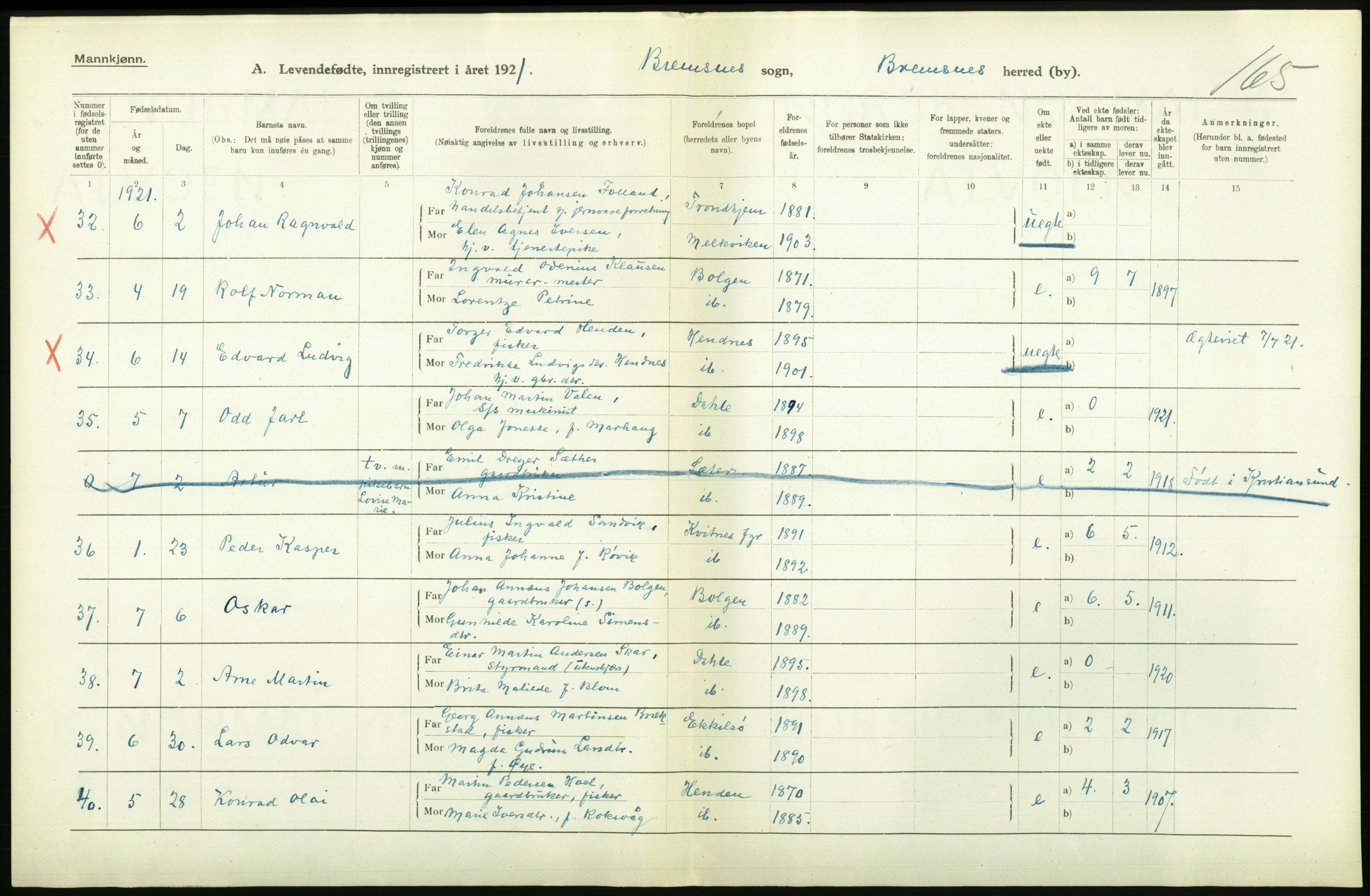 Statistisk sentralbyrå, Sosiodemografiske emner, Befolkning, AV/RA-S-2228/D/Df/Dfc/Dfca/L0040: Møre fylke: Levendefødte menn og kvinner. Bygder., 1921, p. 538