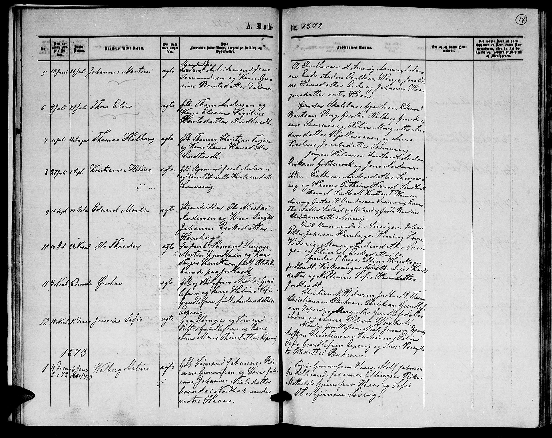 Hommedal sokneprestkontor, AV/SAK-1111-0023/F/Fb/Fba/L0003: Parish register (copy) no. B 3, 1863-1884, p. 14