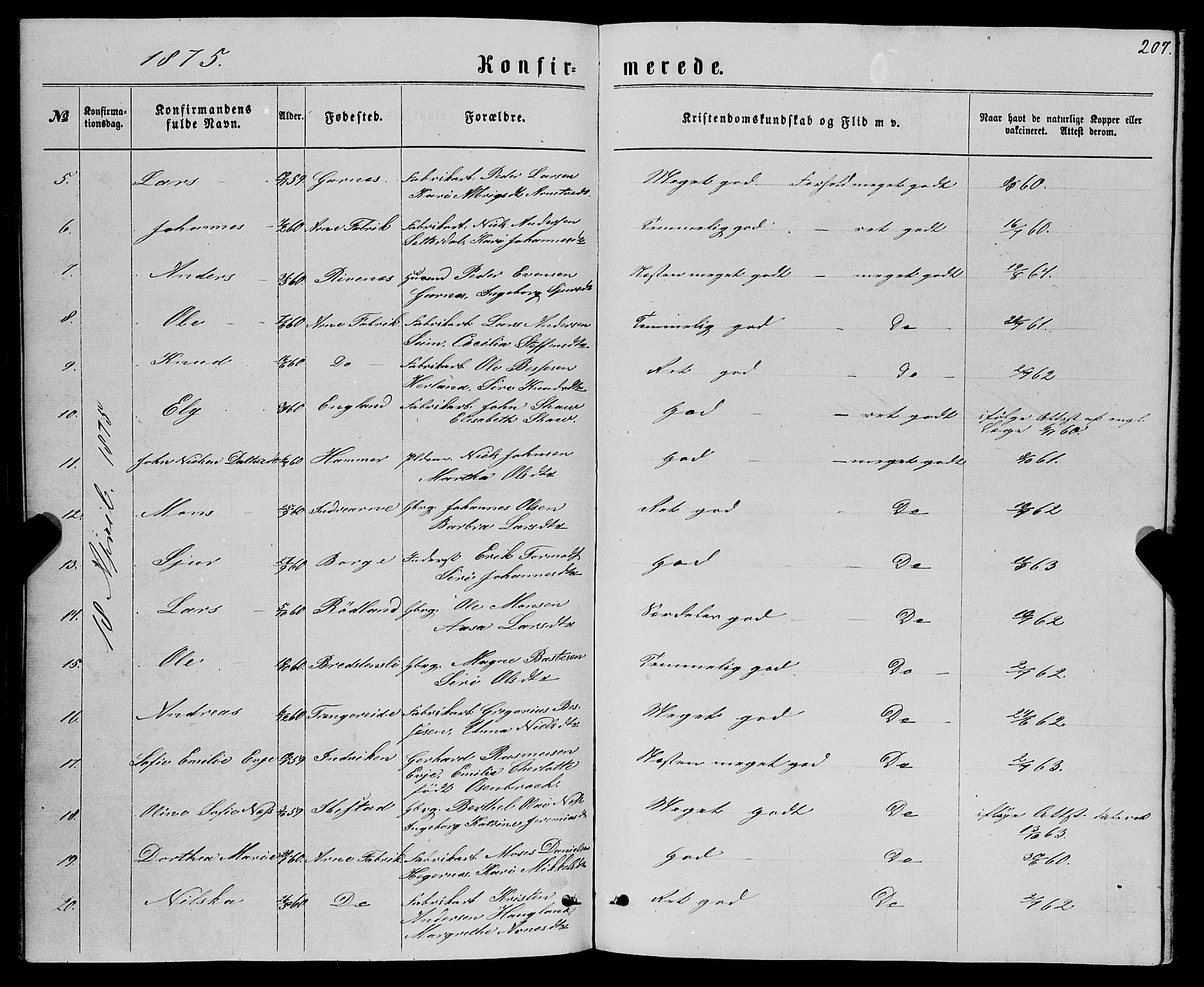 Haus sokneprestembete, SAB/A-75601/H/Haa: Parish register (official) no. A 18, 1871-1877, p. 207