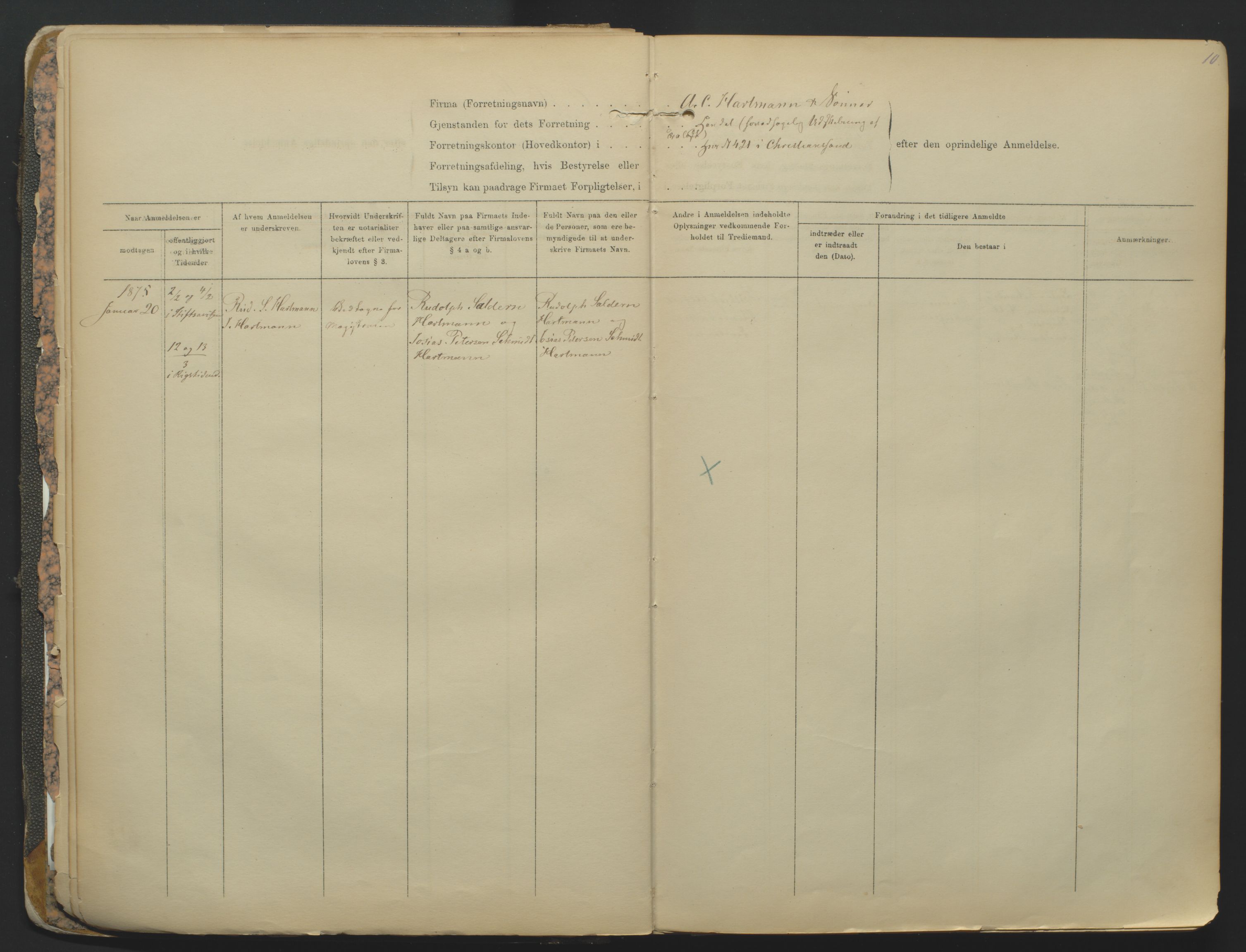 Kristiansand byrett, SAK/1223-0001/K/Kb/L0001: Firmaregister A, med register, 1874-1890, p. 10