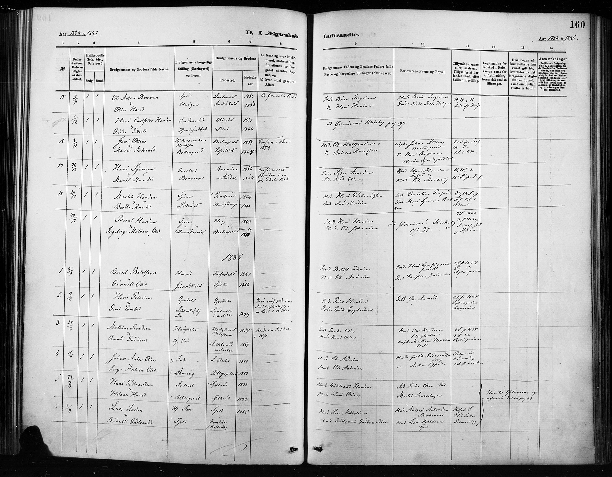 Nordre Land prestekontor, SAH/PREST-124/H/Ha/Haa/L0004: Parish register (official) no. 4, 1882-1896, p. 160