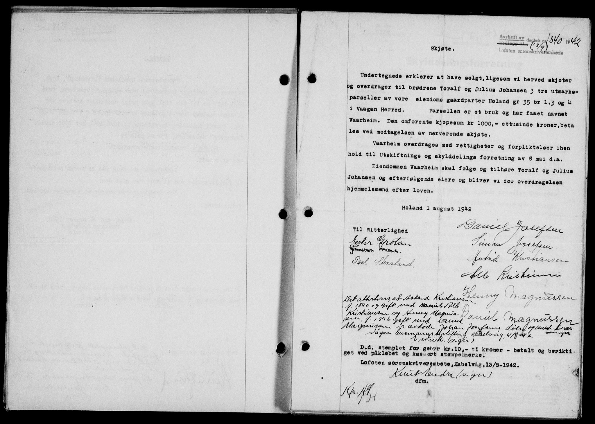 Lofoten sorenskriveri, SAT/A-0017/1/2/2C/L0010a: Mortgage book no. 10a, 1942-1943, Diary no: : 1540/1942