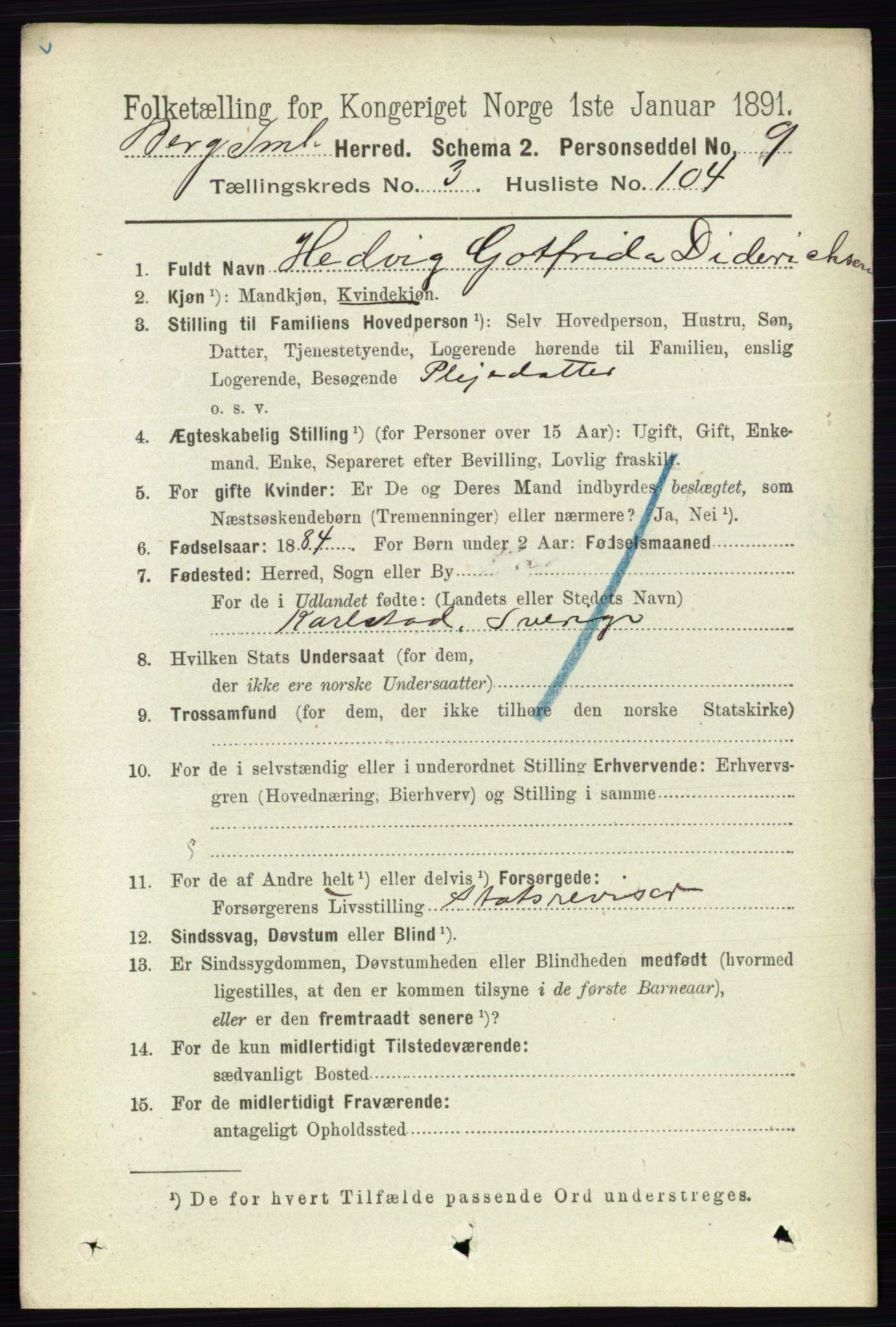 RA, 1891 census for 0116 Berg, 1891, p. 2587