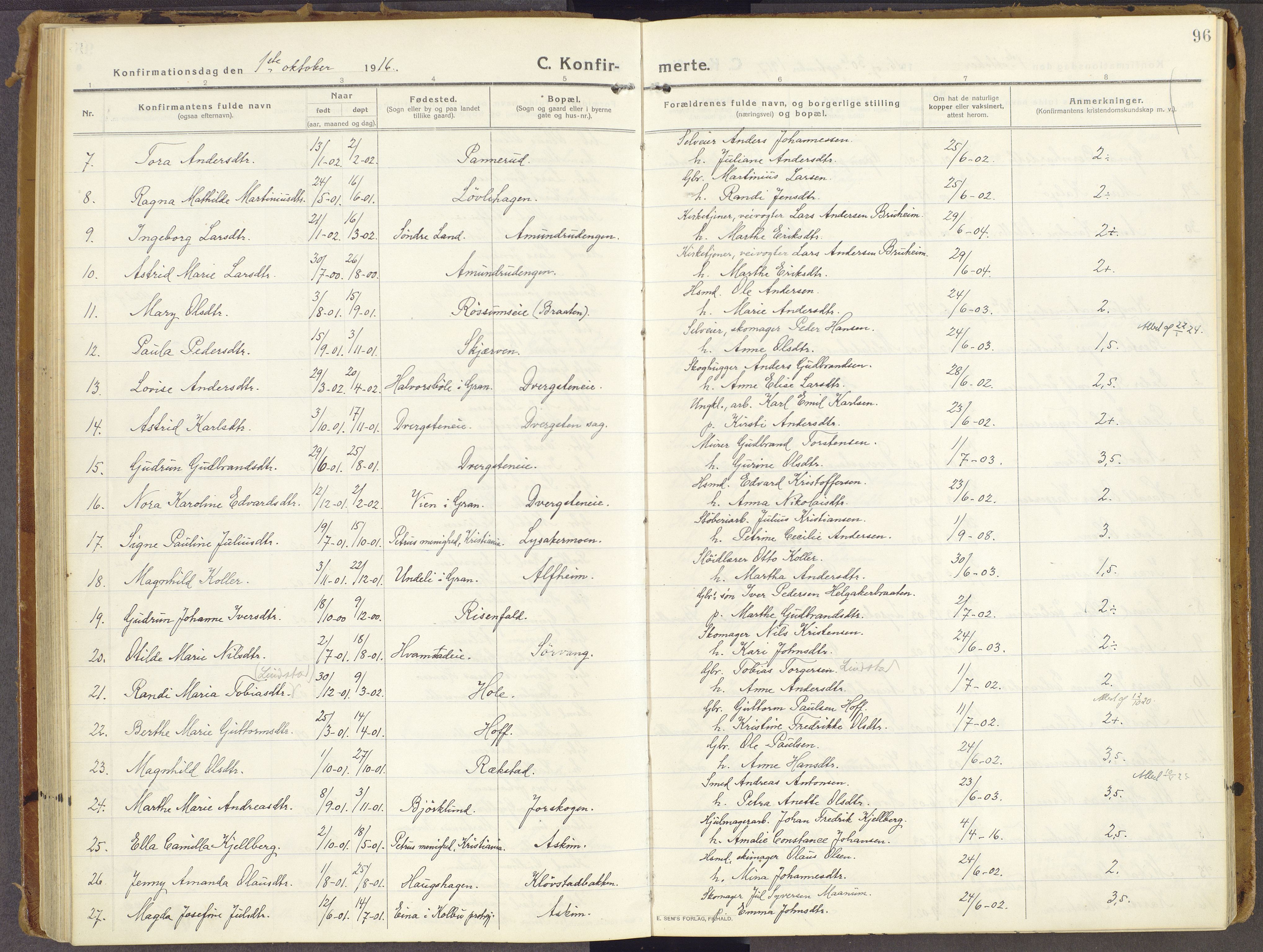 Brandbu prestekontor, AV/SAH-PREST-114/H/Ha/Haa/L0003: Parish register (official) no. 3, 1914-1928, p. 96