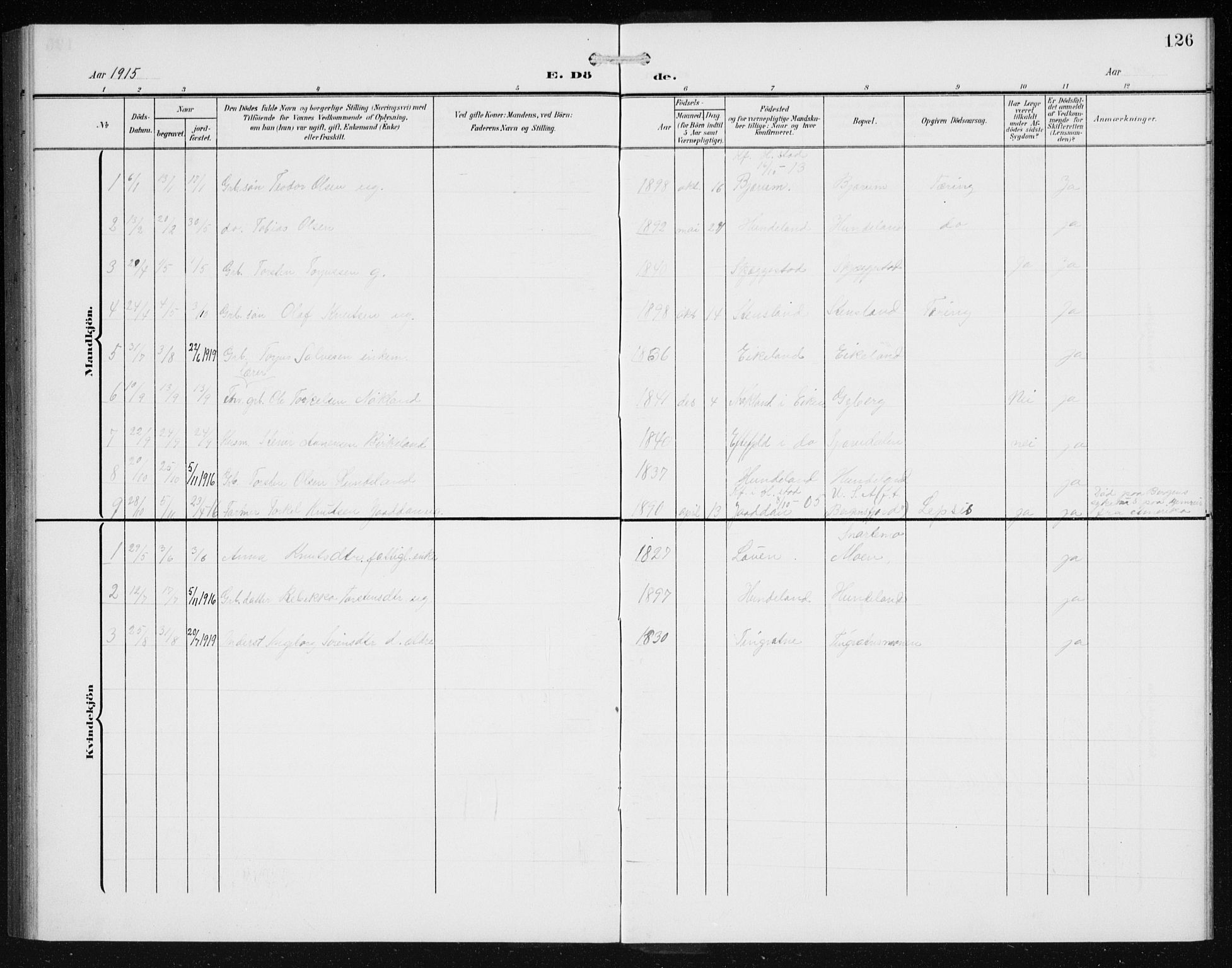 Hægebostad sokneprestkontor, SAK/1111-0024/F/Fb/Fba/L0005: Parish register (copy) no. B 5, 1907-1931, p. 126
