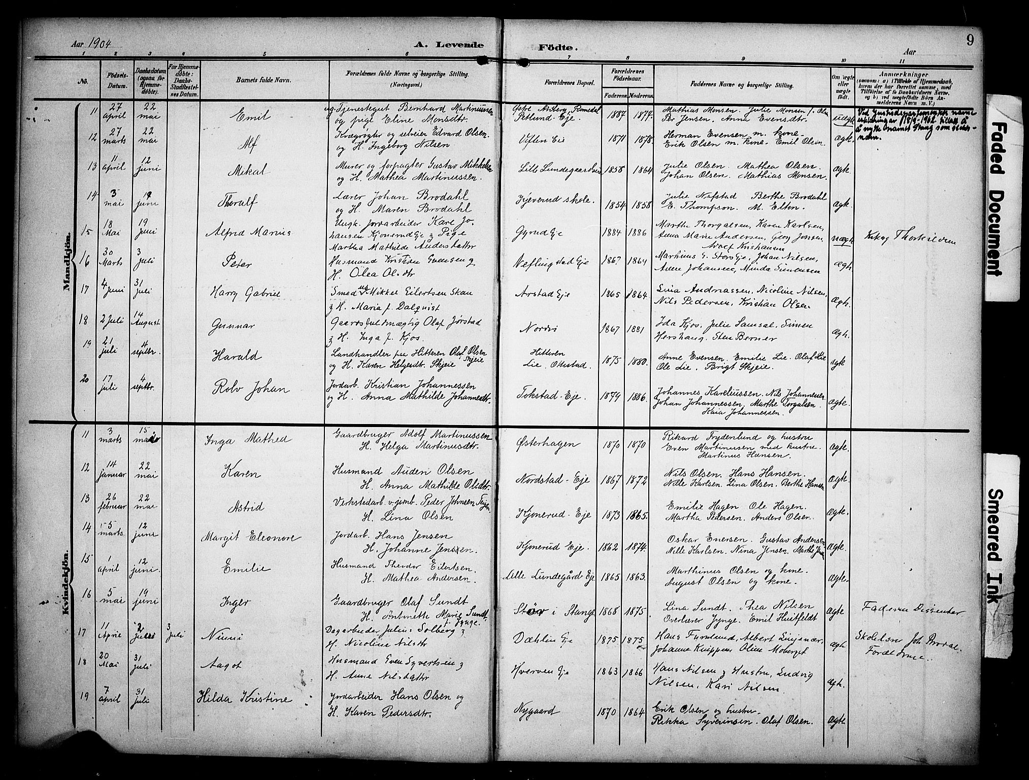 Stange prestekontor, AV/SAH-PREST-002/K/L0022: Parish register (official) no. 22, 1903-1914, p. 9