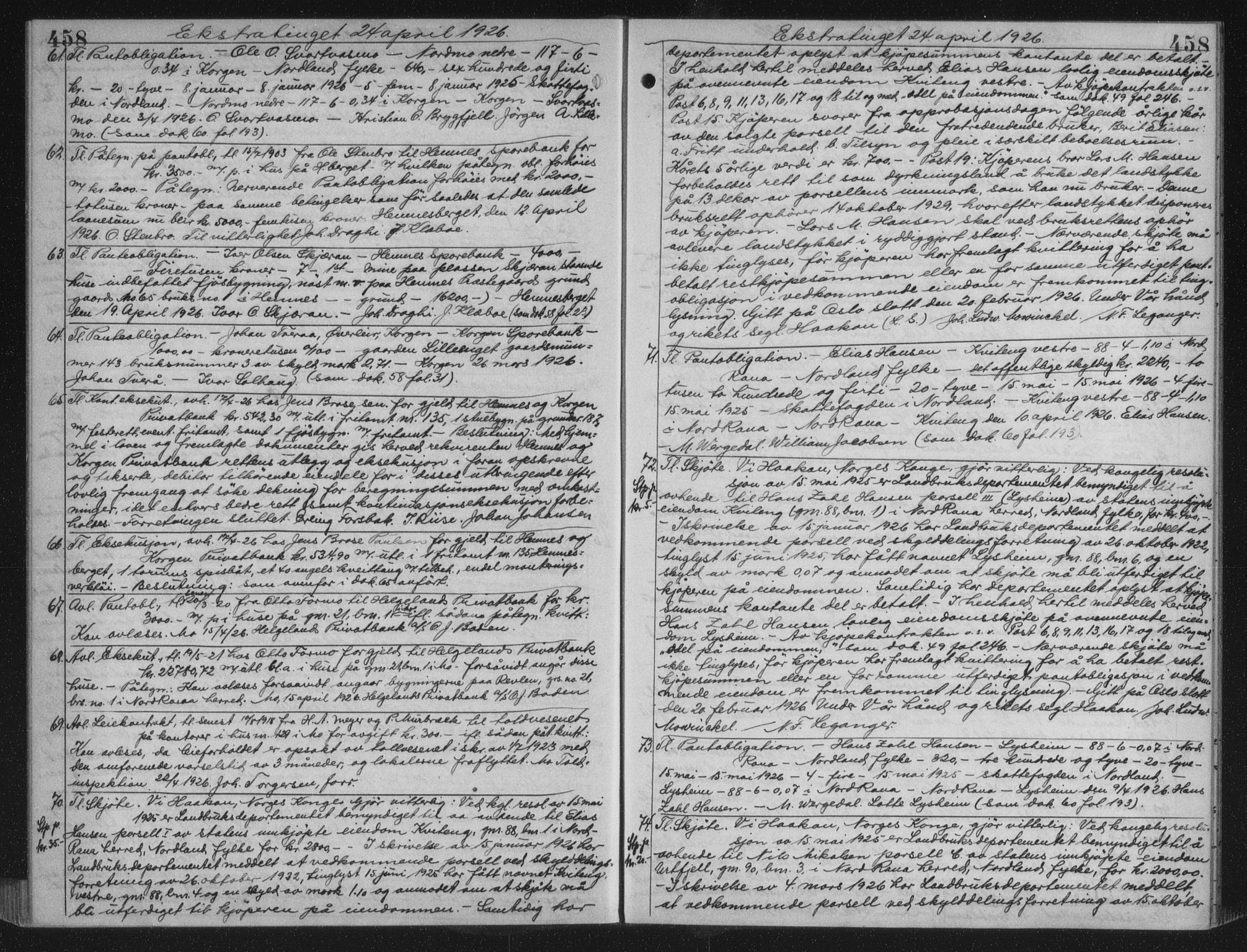Rana sorenskriveri , AV/SAT-A-1108/1/2/2C/L0018: Mortgage book no. 18, 1923-1928, p. 458, Deed date: 24.04.1926