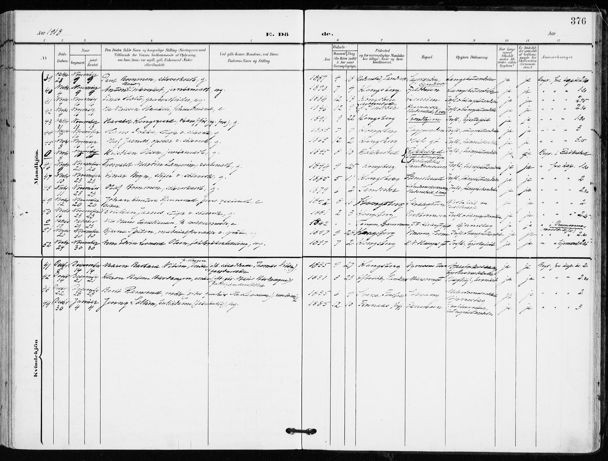 Kongsberg kirkebøker, AV/SAKO-A-22/F/Fb/L0004: Parish register (official) no. II 4, 1906-1918, p. 376