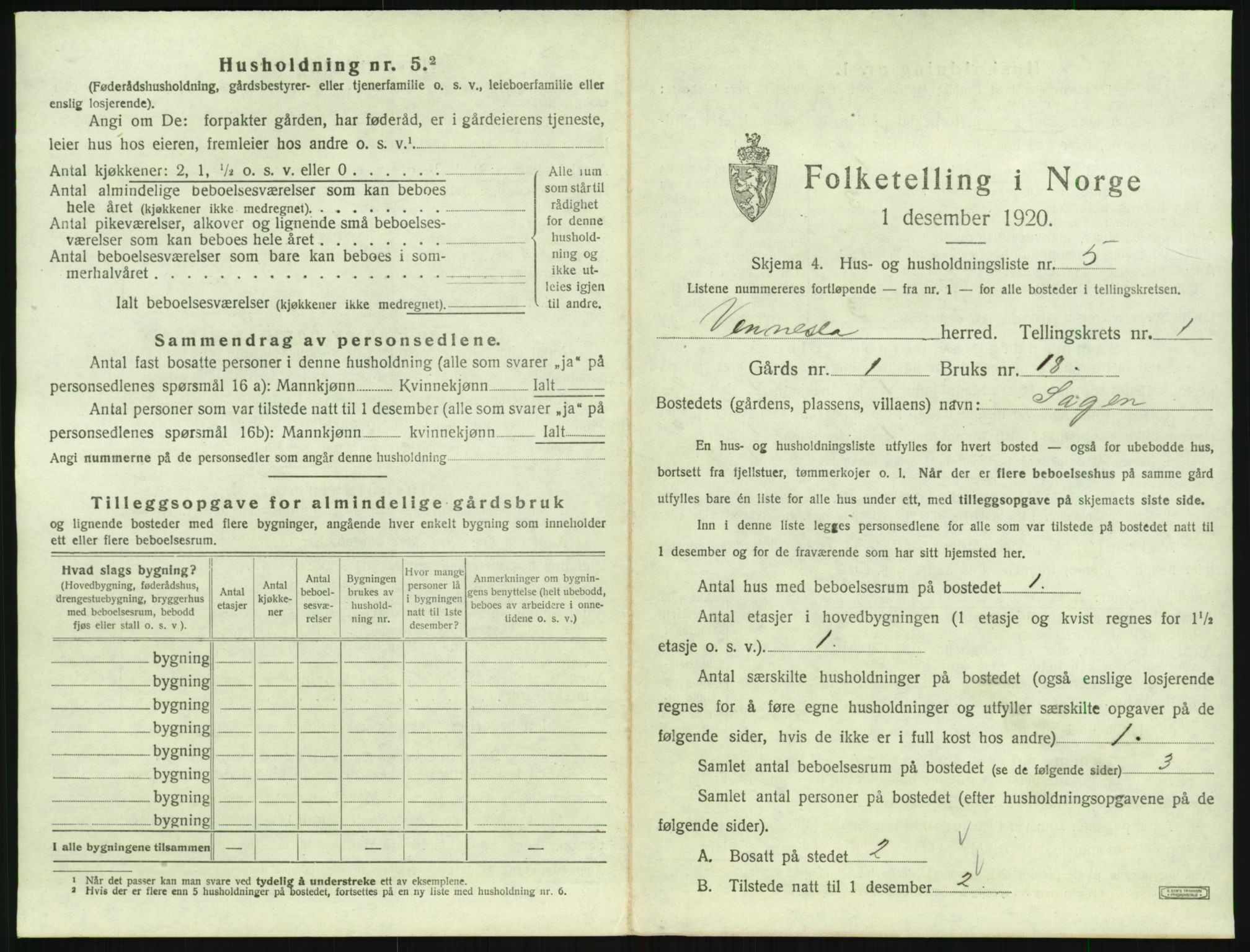 SAK, 1920 census for Vennesla, 1920, p. 52