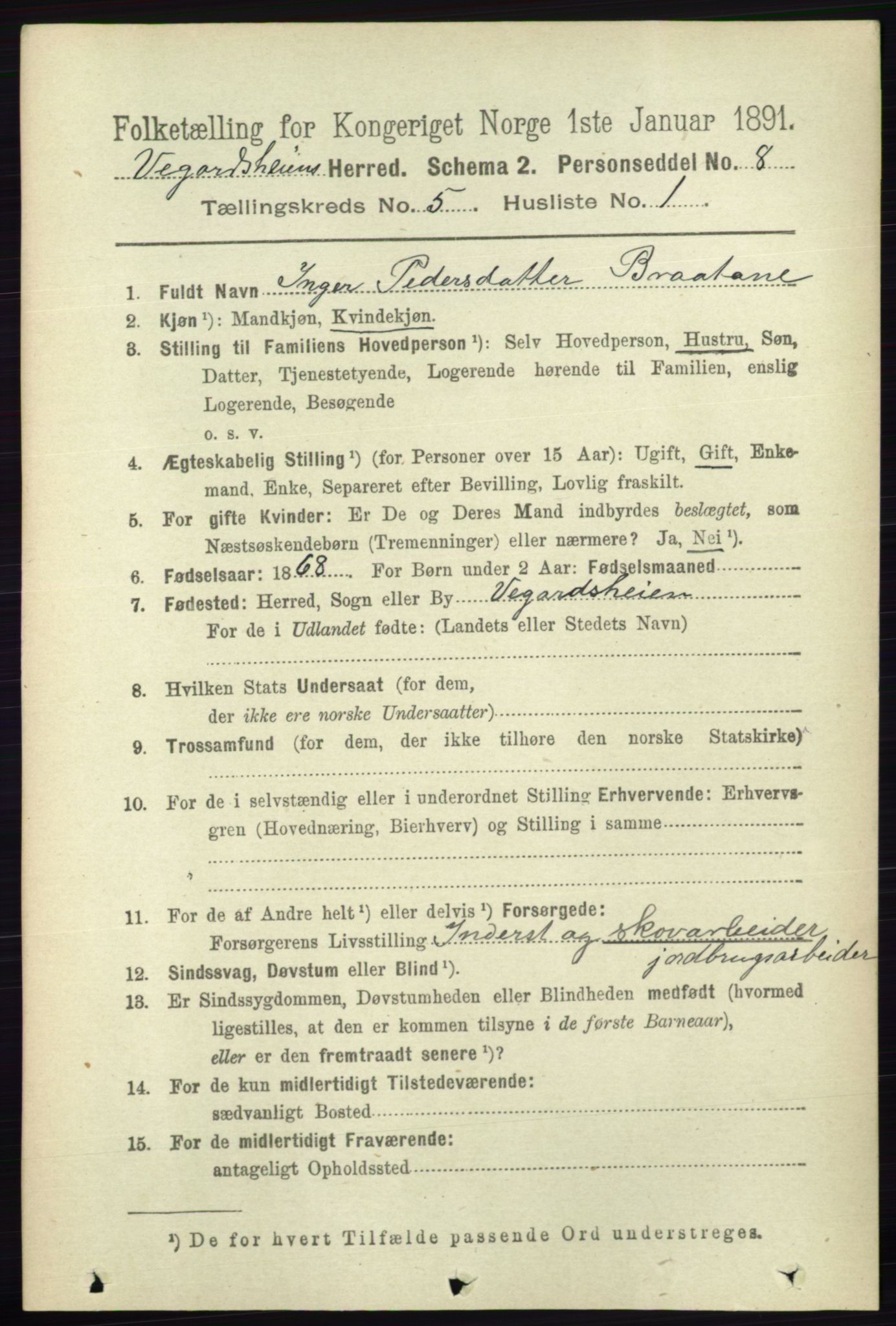 RA, 1891 census for 0912 Vegårshei, 1891, p. 976