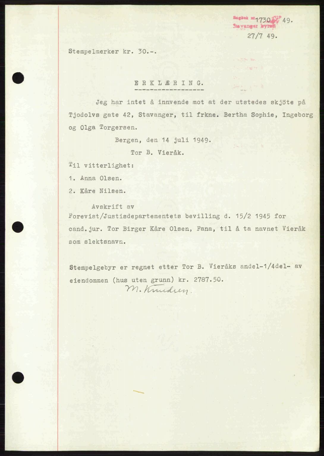 Stavanger byrett, SAST/A-100455/002/G/Gb/L0023: Mortgage book no. A12, 1948-1949, Diary no: : 1730/1949