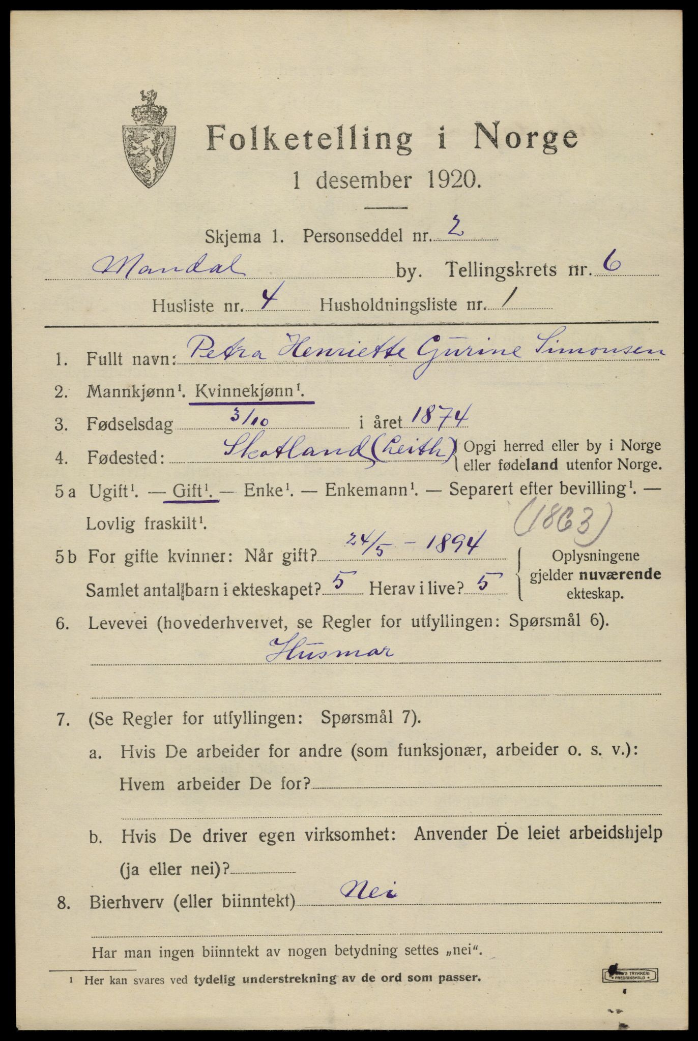 SAK, 1920 census for Mandal, 1920, p. 9145