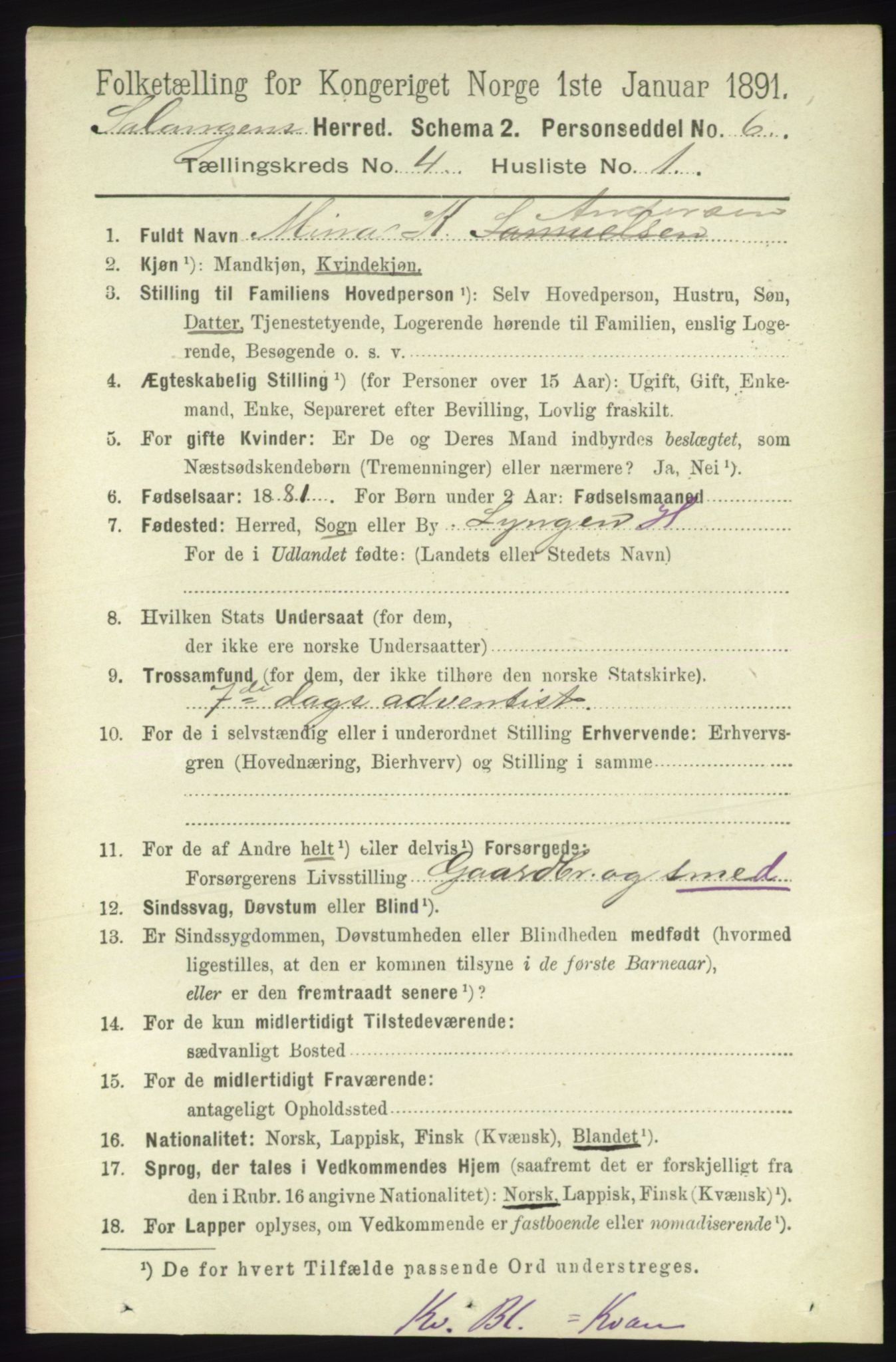 RA, 1891 census for 1921 Salangen, 1891, p. 1835