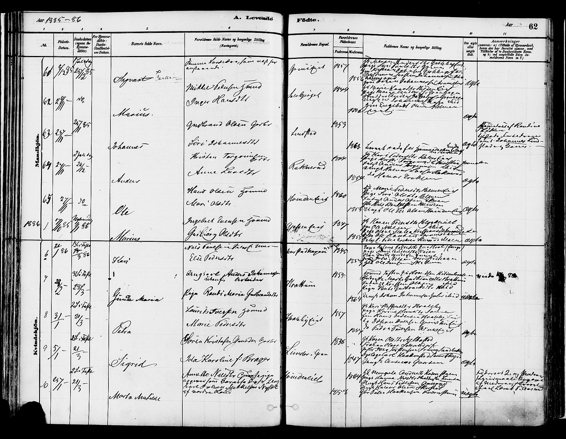 Gran prestekontor, SAH/PREST-112/H/Ha/Haa/L0014: Parish register (official) no. 14, 1880-1889, p. 62