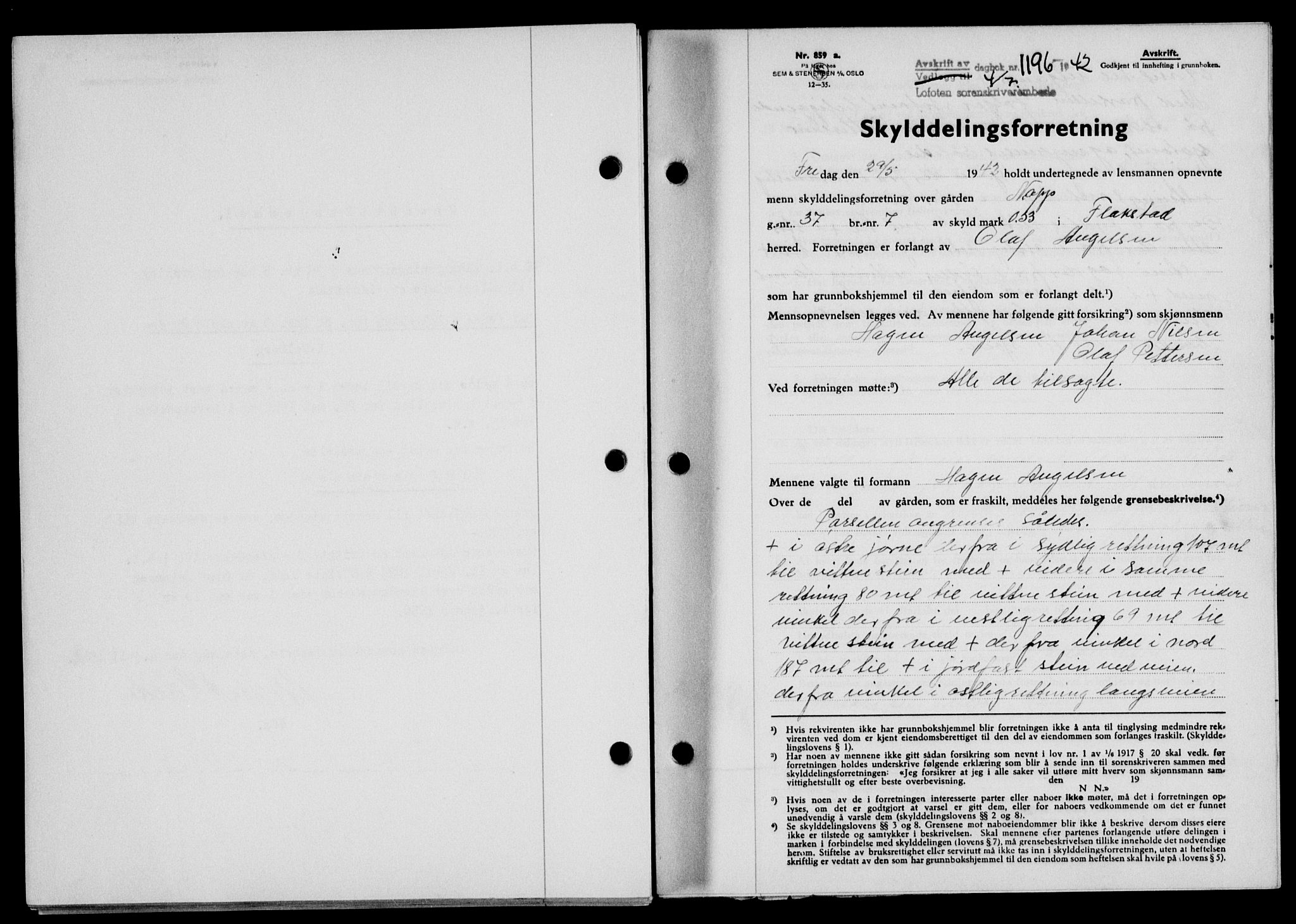 Lofoten sorenskriveri, SAT/A-0017/1/2/2C/L0010a: Mortgage book no. 10a, 1942-1943, Diary no: : 1196/1942