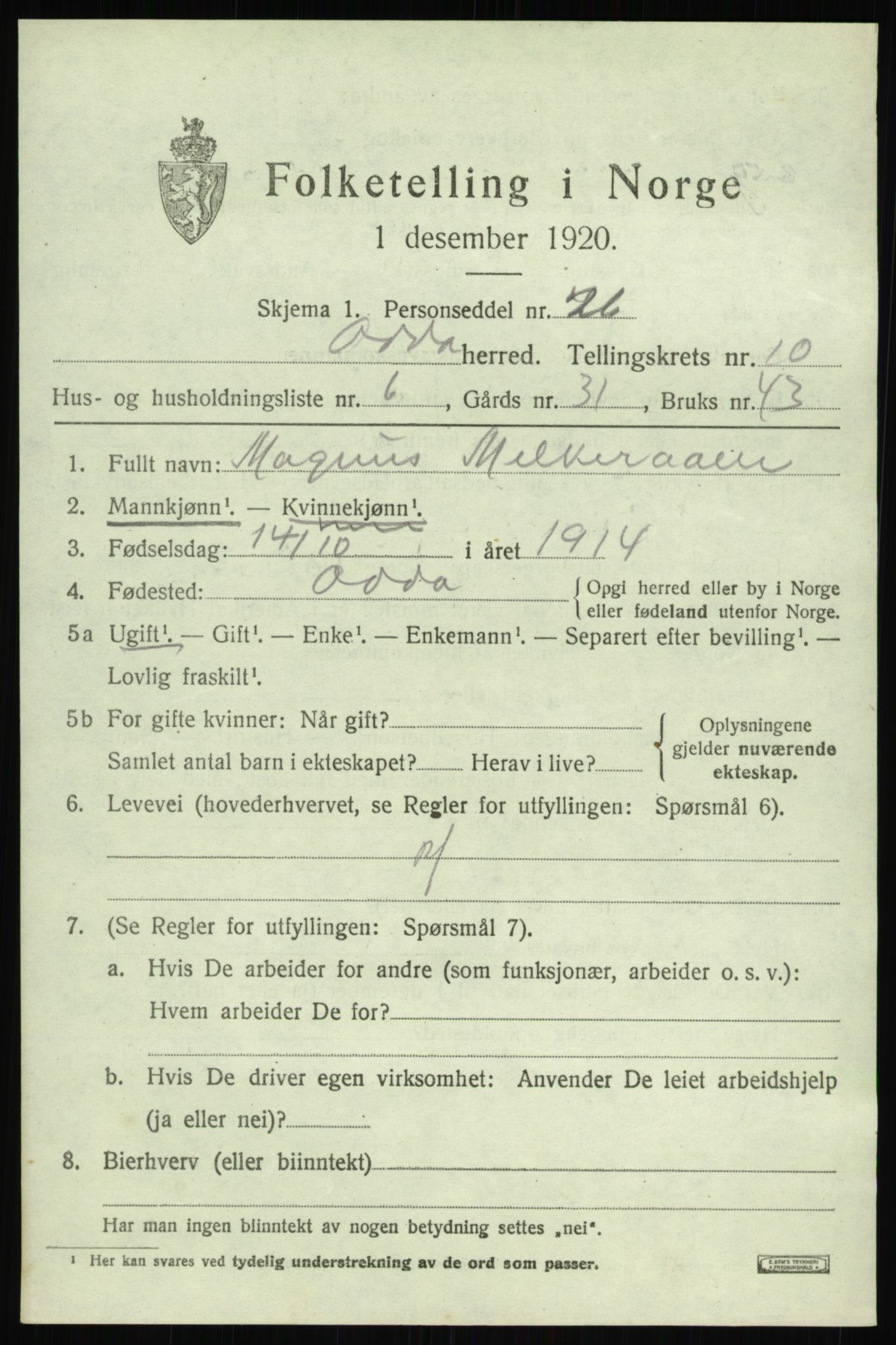 SAB, 1920 census for Odda, 1920, p. 9687