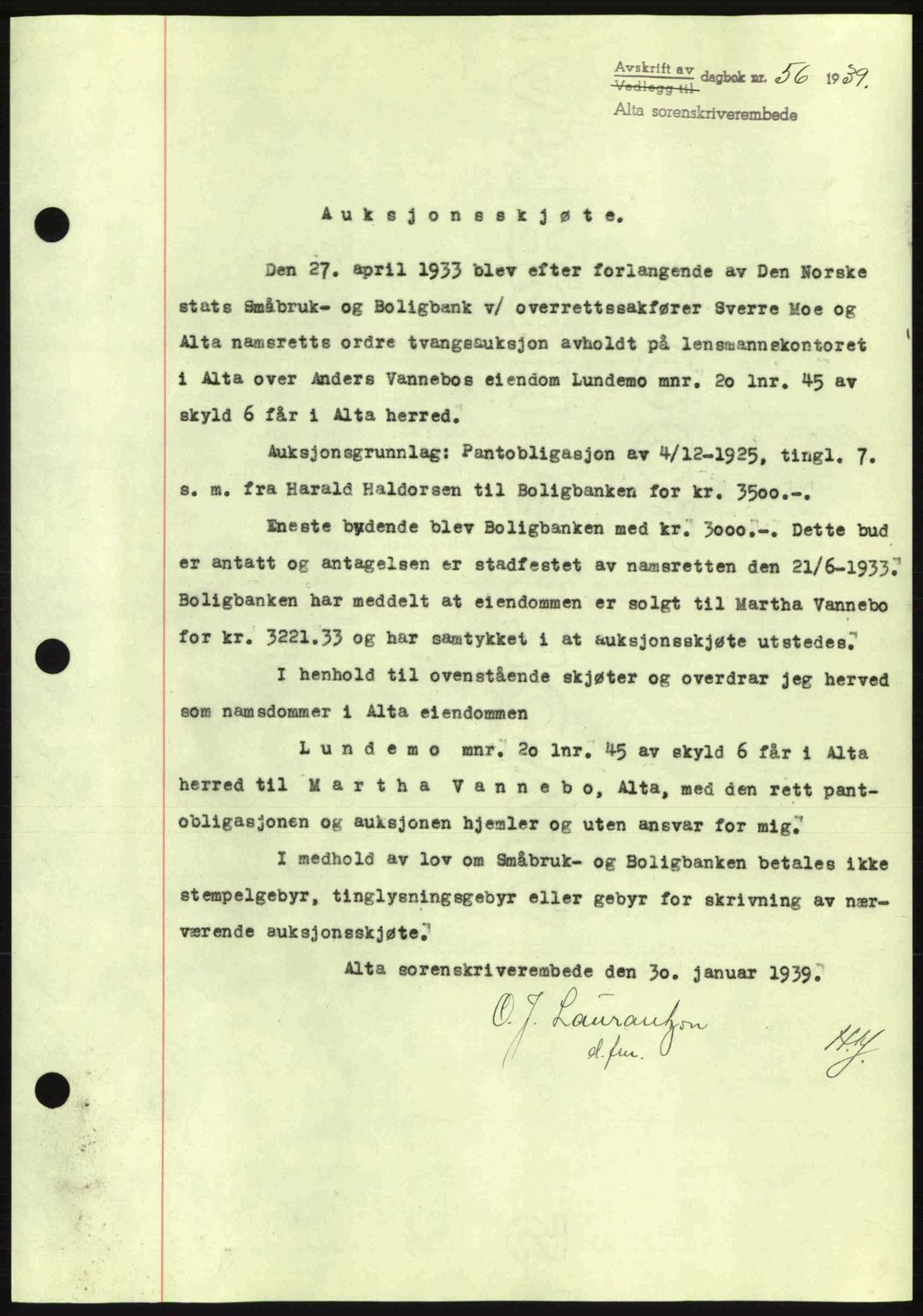 Alta fogderi/sorenskriveri, SATØ/SATØ-5/1/K/Kd/L0031pantebok: Mortgage book no. 31, 1938-1939, Diary no: : 56/1939
