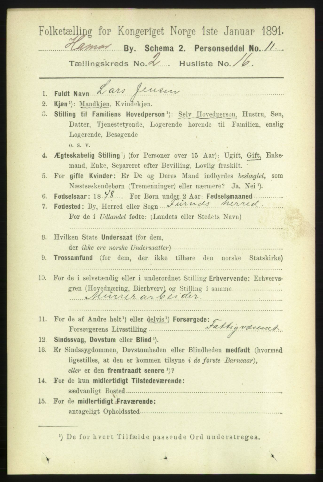 RA, 1891 census for 0401 Hamar, 1891, p. 1208