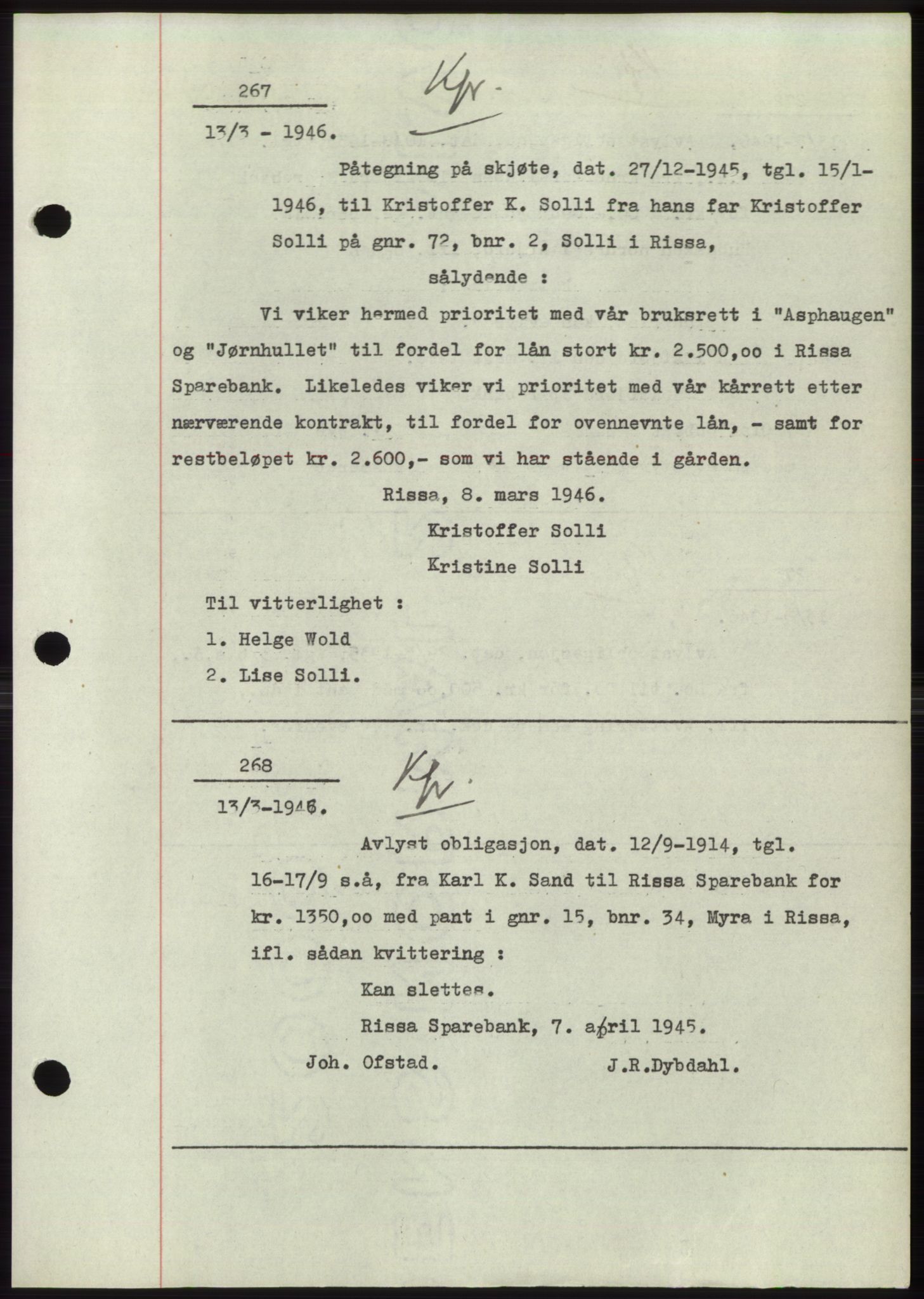 Fosen sorenskriveri, AV/SAT-A-1107/1/2/2C: Mortgage book no. B1, 1943-1946, Diary no: : 267/1946