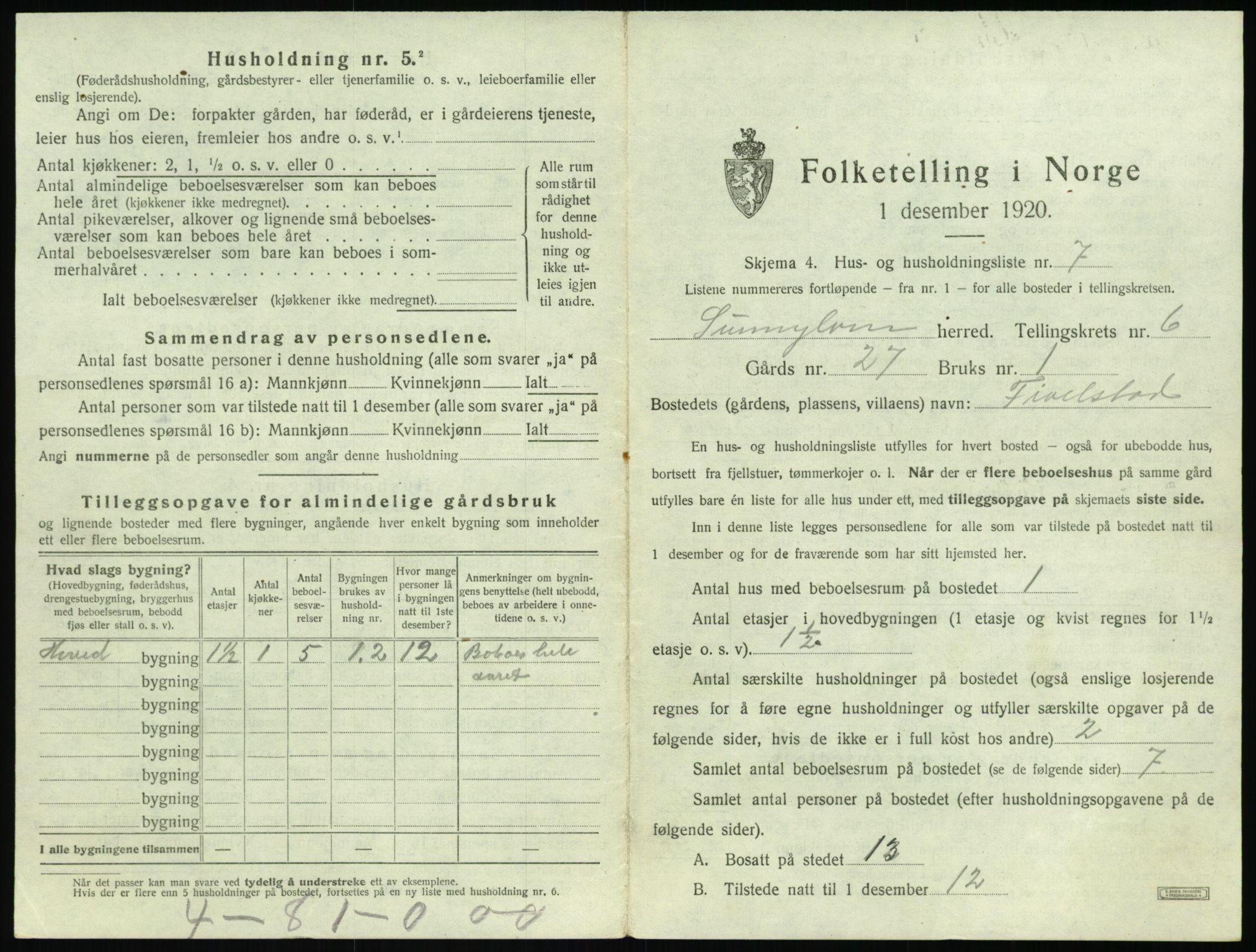 SAT, 1920 census for Sunnylven, 1920, p. 354