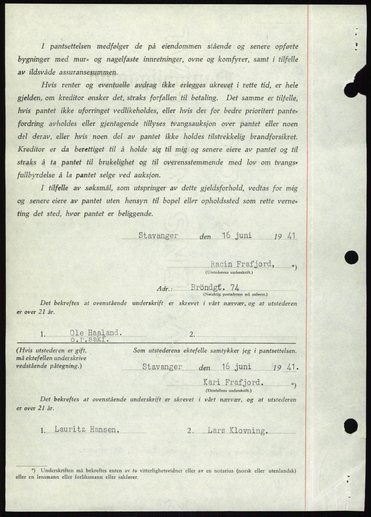 Stavanger byrett, AV/SAST-A-100455/002/G/Gb/L0033: Mortgage book, 1936-1950, Diary no: : 1419/1941