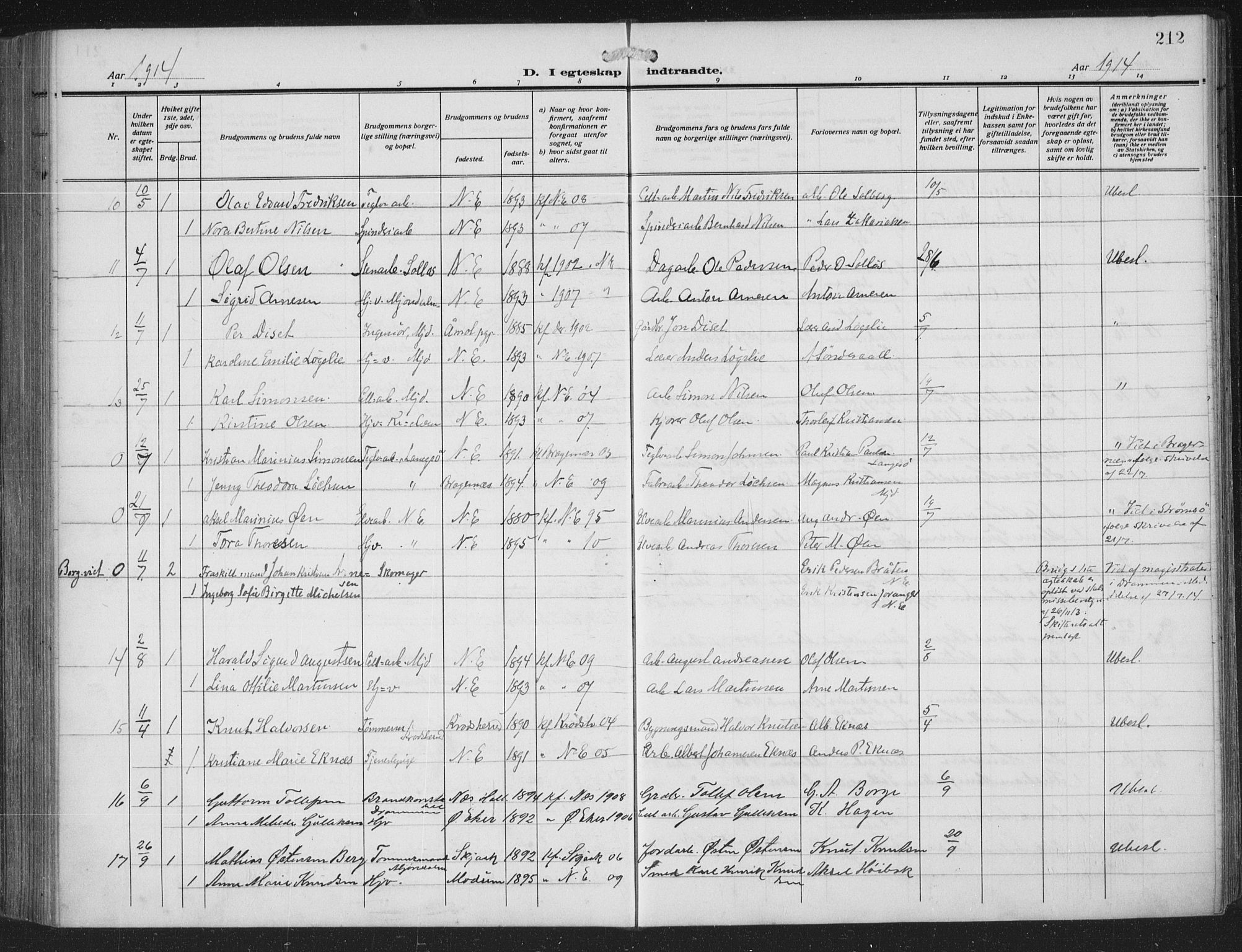 Nedre Eiker kirkebøker, SAKO/A-612/F/Fa/L0007: Parish register (official) no. 7, 1912-1918, p. 212