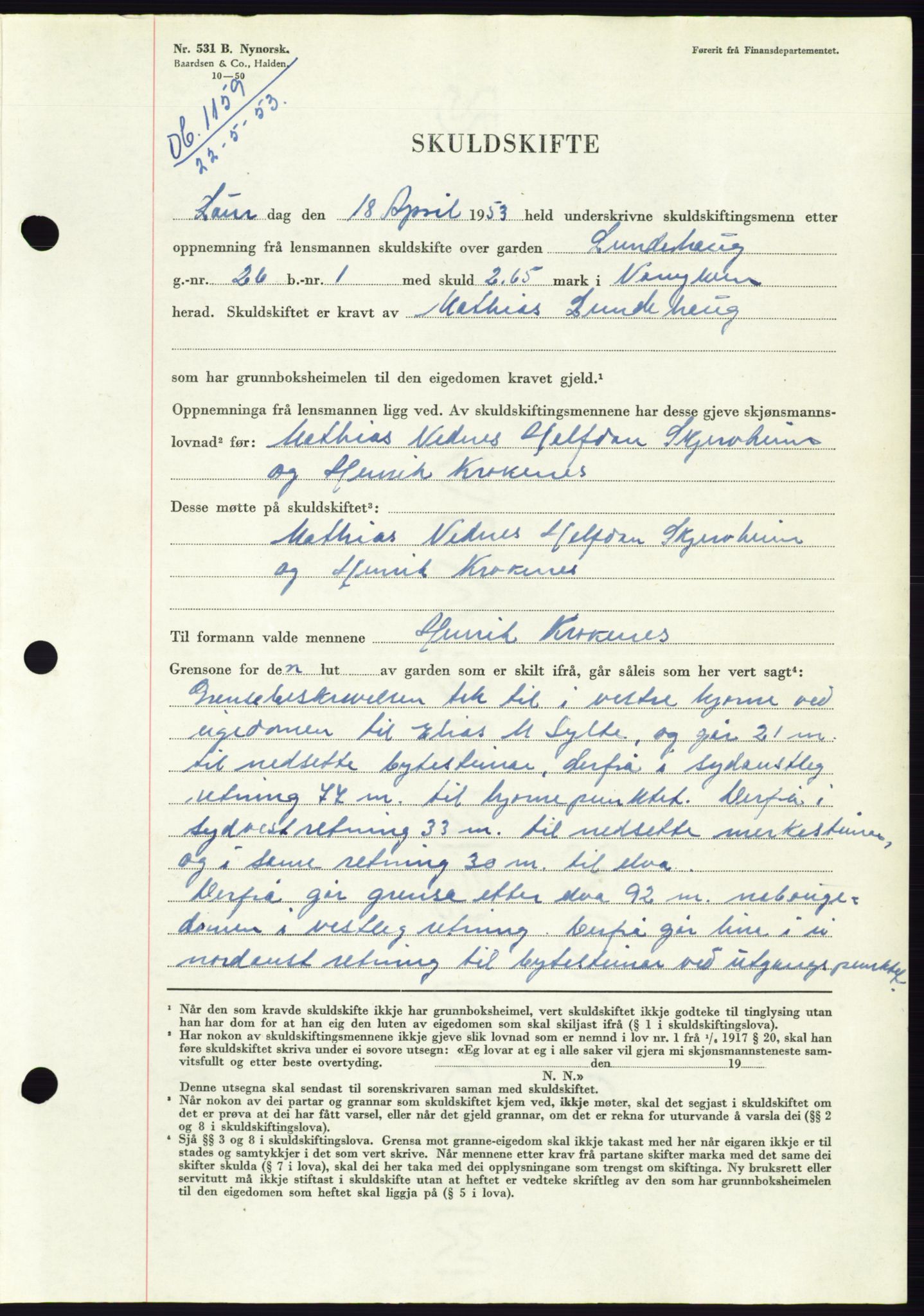 Søre Sunnmøre sorenskriveri, AV/SAT-A-4122/1/2/2C/L0095: Mortgage book no. 21A, 1953-1953, Diary no: : 1159/1953