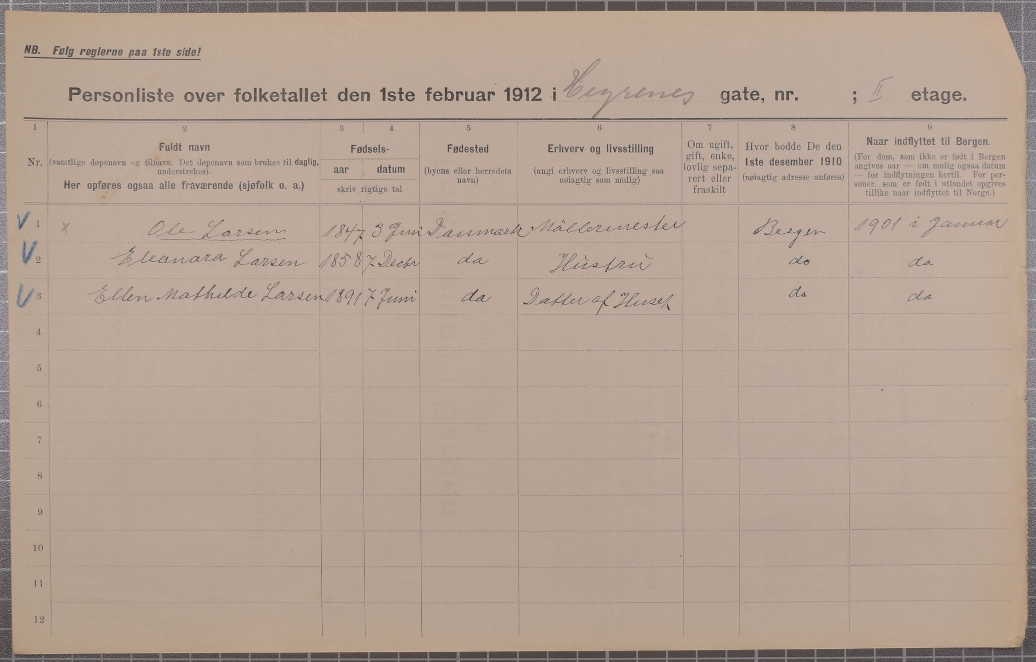 SAB, Municipal Census 1912 for Bergen, 1912, p. 1967