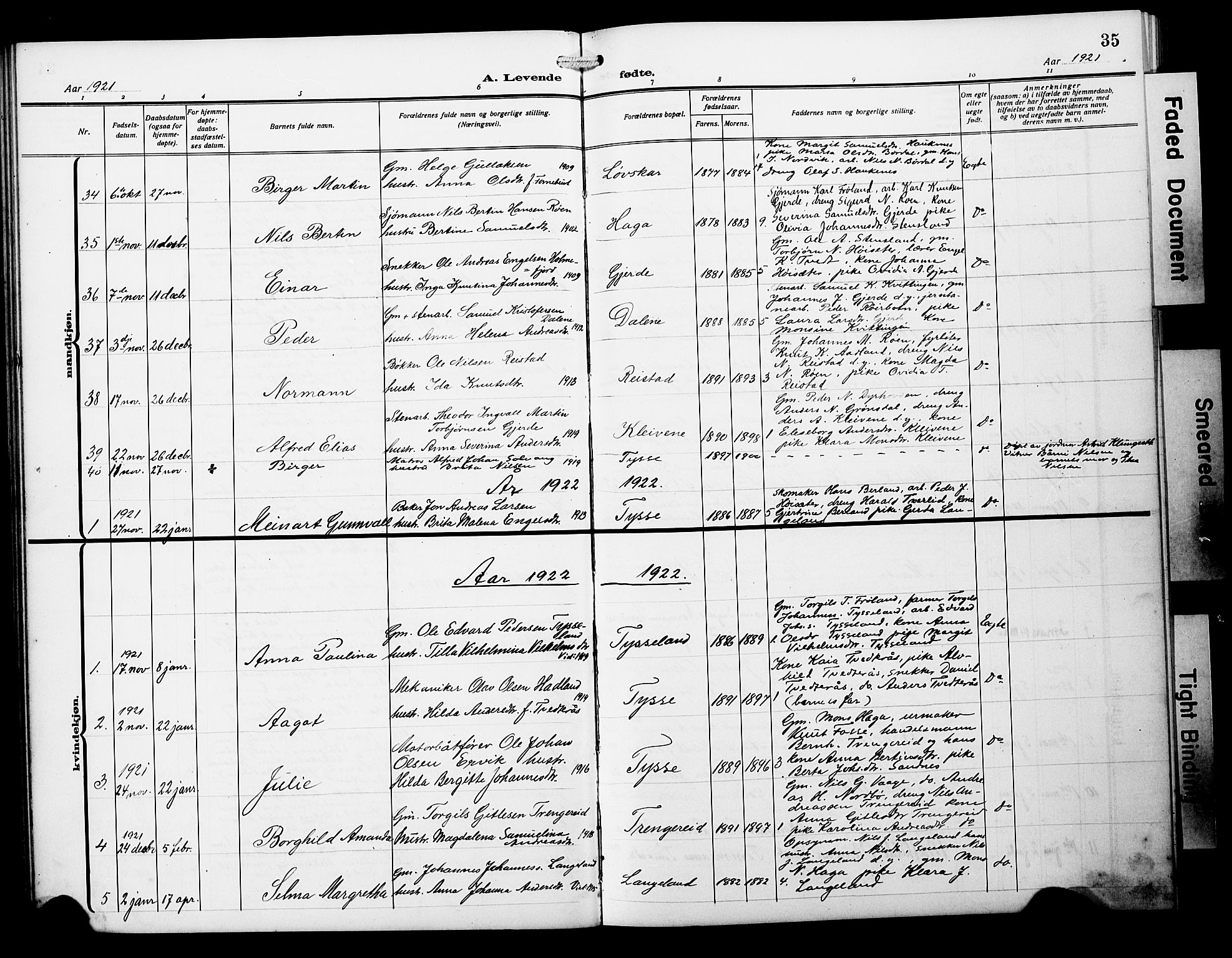 Samnanger Sokneprestembete, SAB/A-77501/H/Hab: Parish register (copy) no. A 4, 1914-1929, p. 35