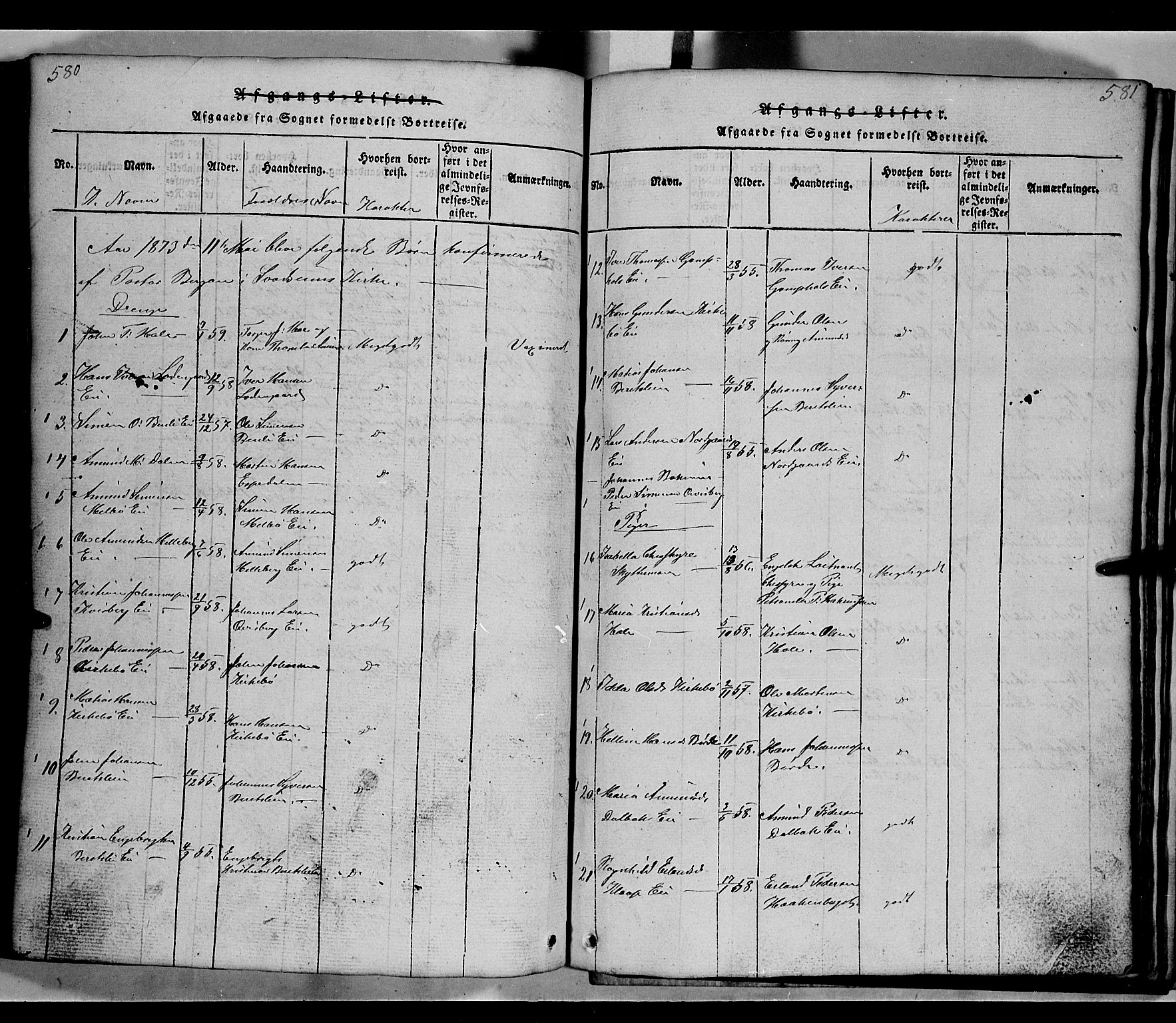 Gausdal prestekontor, SAH/PREST-090/H/Ha/Hab/L0002: Parish register (copy) no. 2, 1818-1874, p. 580-581