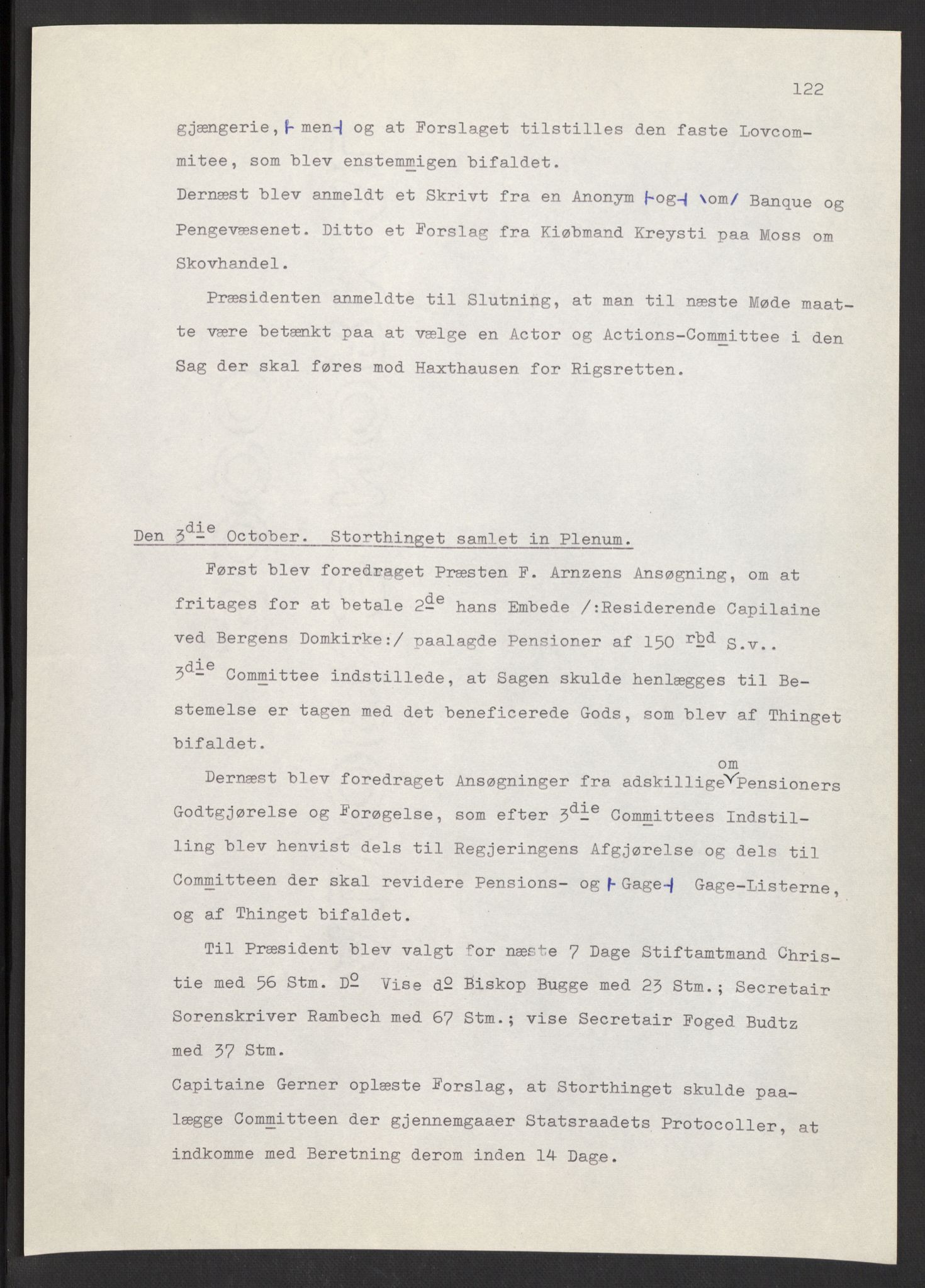 Manuskriptsamlingen, AV/RA-EA-3667/F/L0197: Wetlesen, Hans Jørgen (stortingsmann, ingeniørkaptein); Referat fra Stortinget 1815-1816, 1815-1816, p. 122