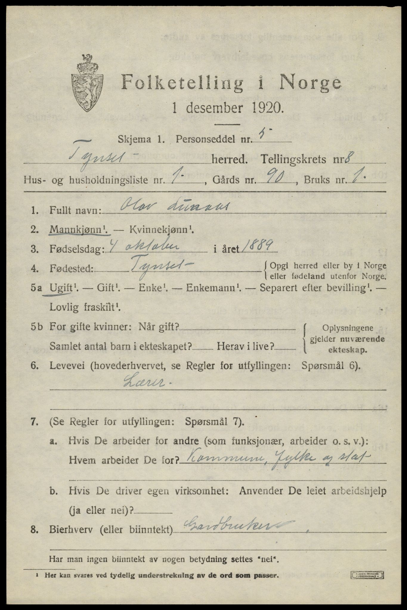 SAH, 1920 census for Tynset, 1920, p. 6552