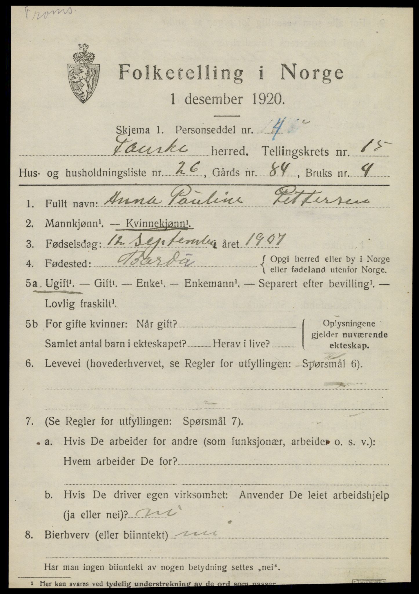 SAT, 1920 census for Fauske, 1920, p. 9630