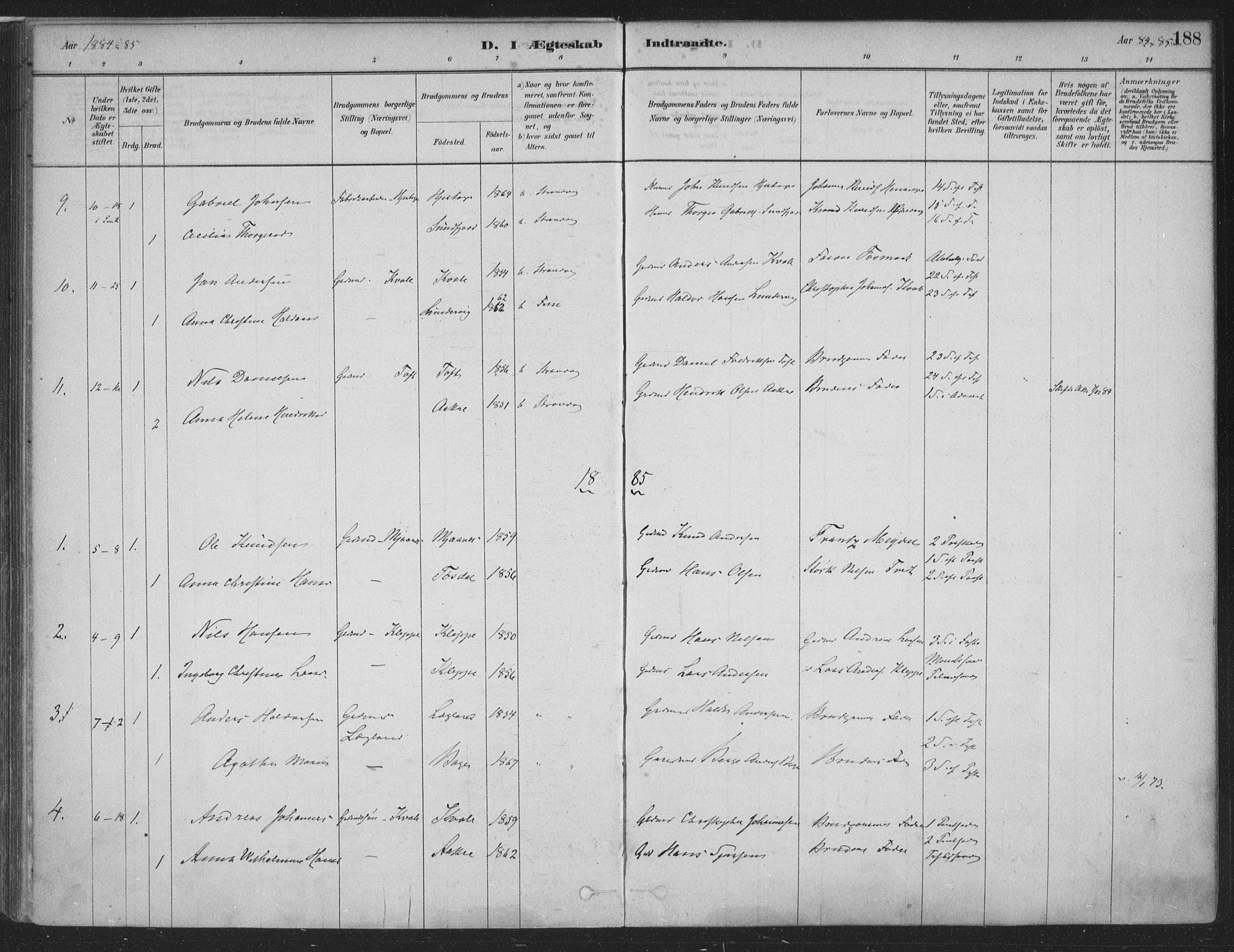 Fusa sokneprestembete, SAB/A-75401/H/Haa: Parish register (official) no. D 1, 1880-1938, p. 188