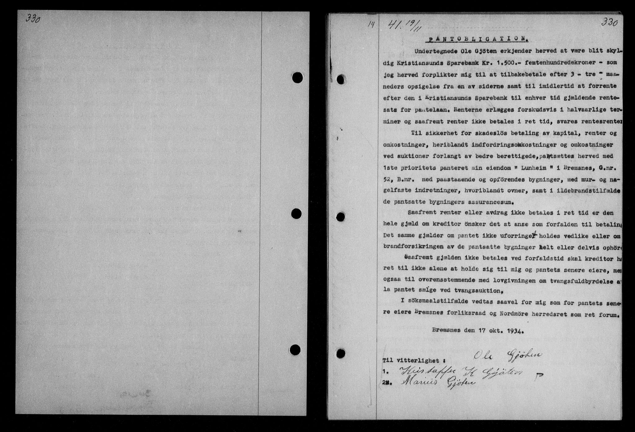 Nordmøre sorenskriveri, AV/SAT-A-4132/1/2/2Ca/L0082: Mortgage book no. 72, 1934-1934, Deed date: 19.11.1934