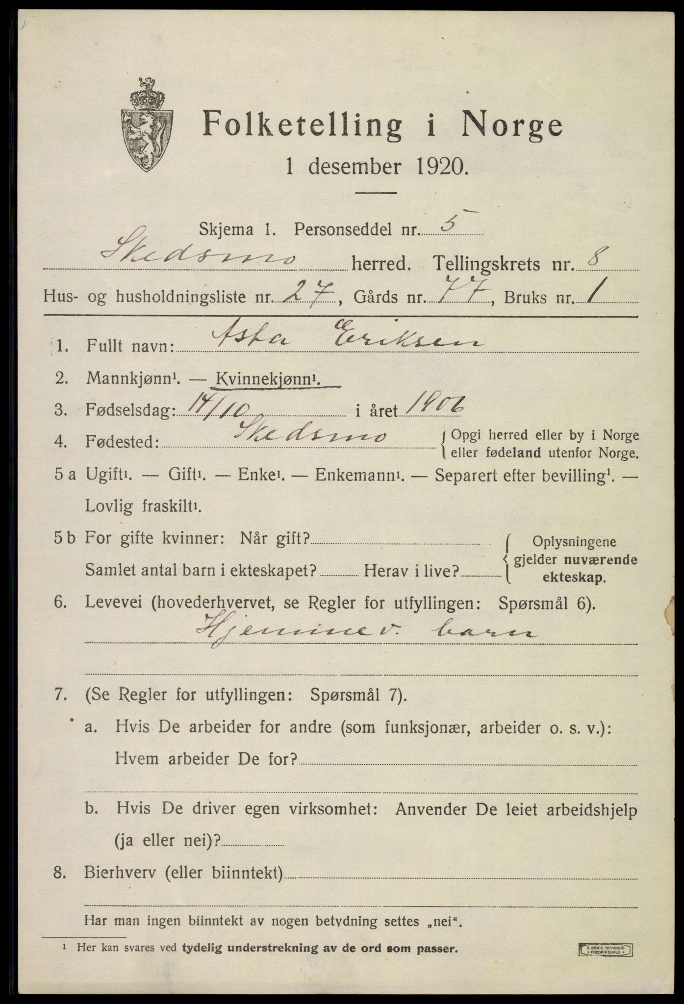 SAO, 1920 census for Skedsmo, 1920, p. 9297