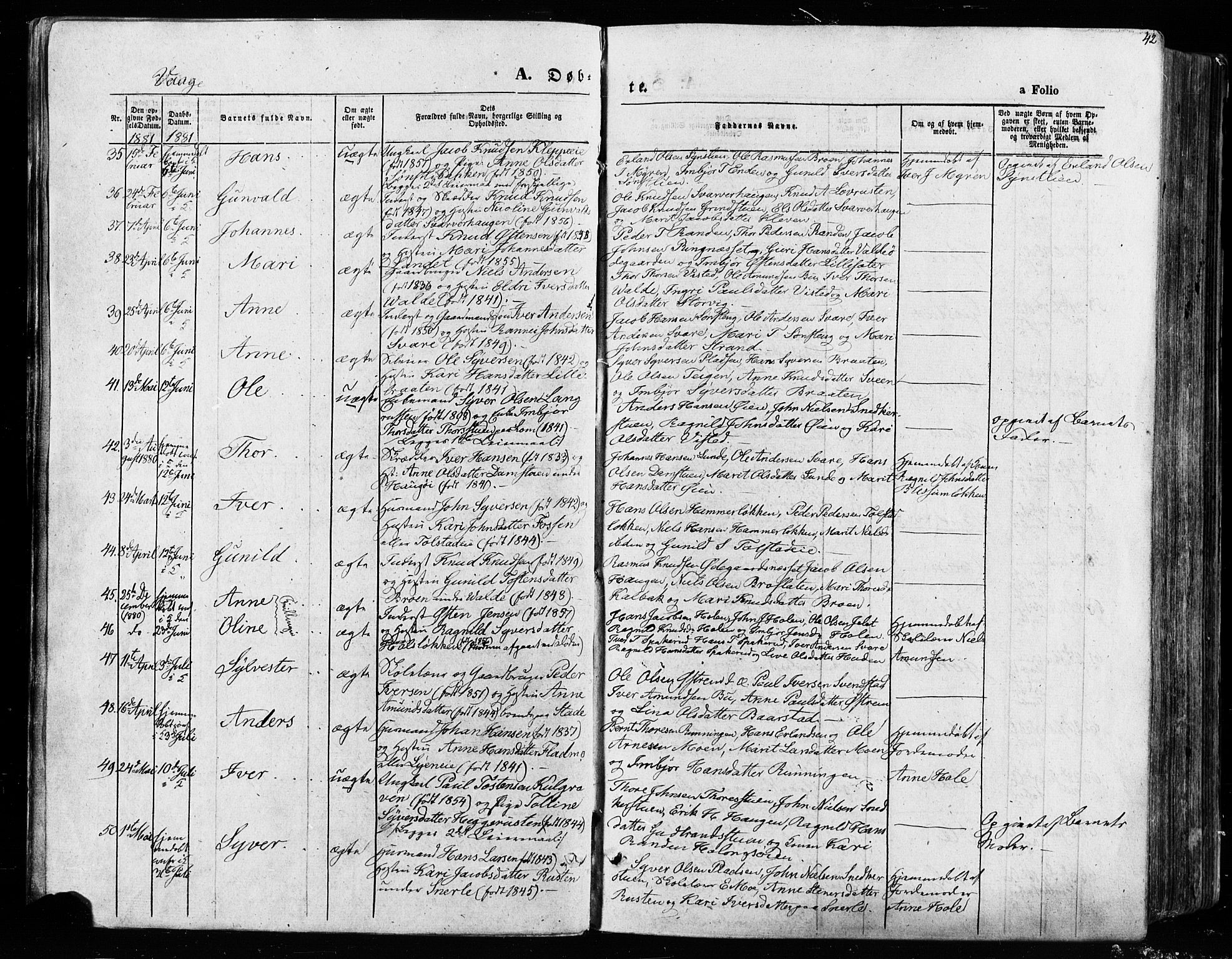 Vågå prestekontor, AV/SAH-PREST-076/H/Ha/Haa/L0007: Parish register (official) no. 7 /1, 1872-1886, p. 42