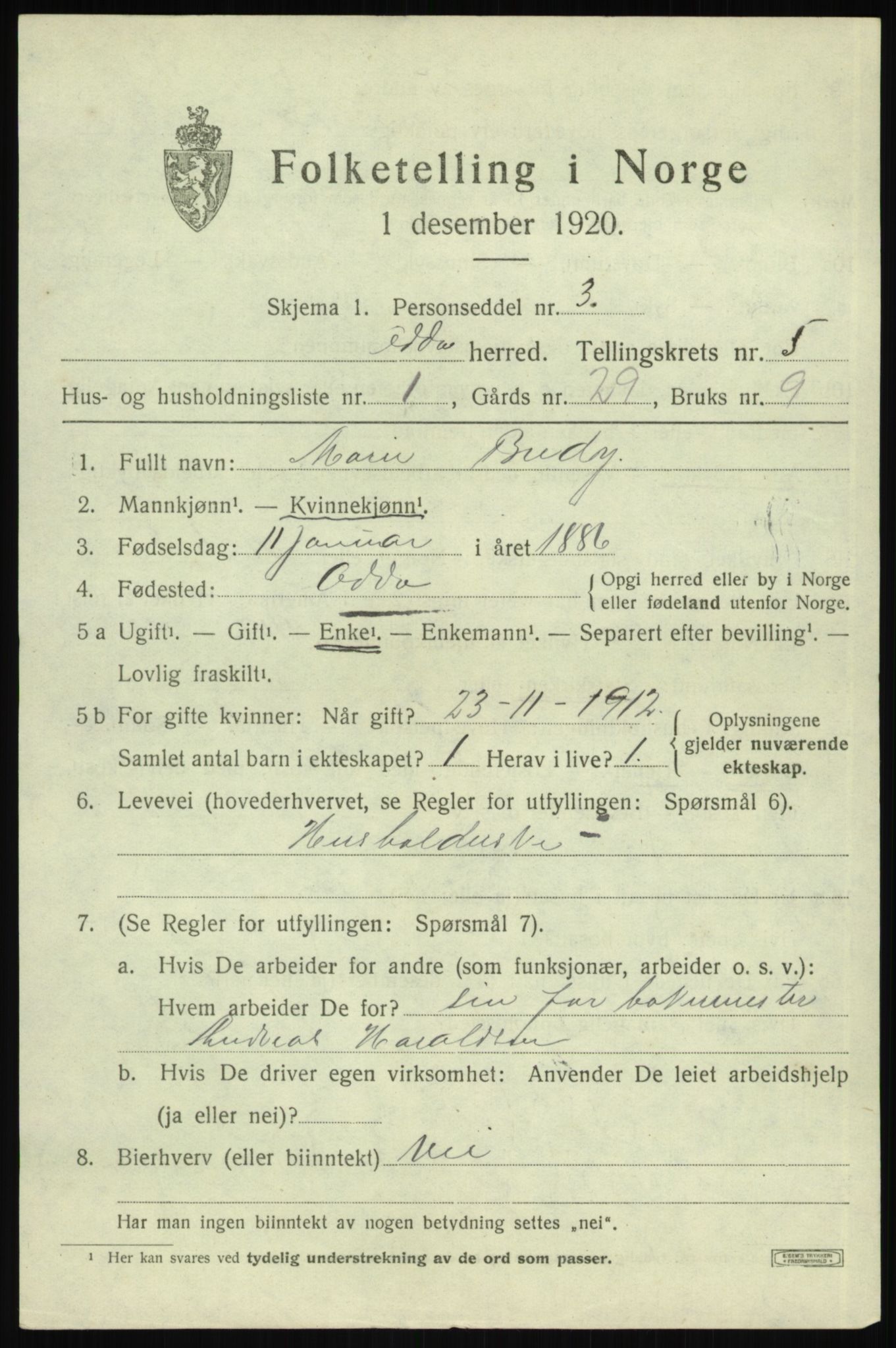 SAB, 1920 census for Odda, 1920, p. 3163